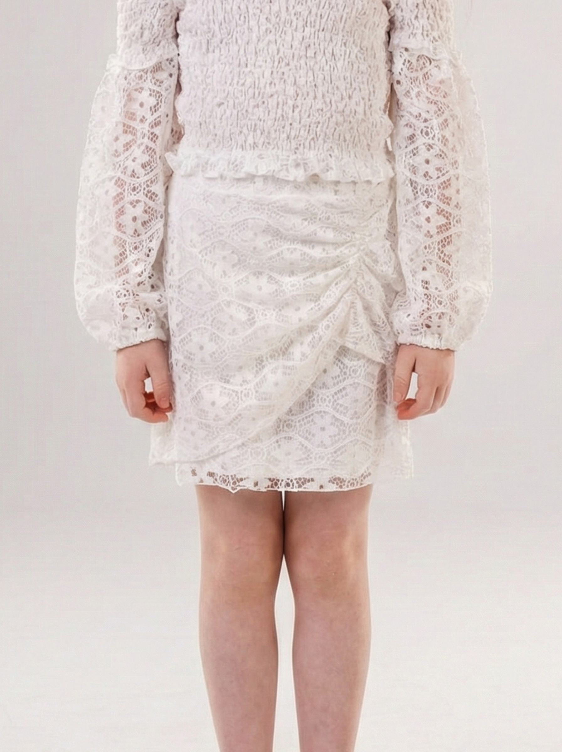 Girls' Elegant White Lace Mini Skirt – Faux-Wrap Ruffle Skirt for Special Occasions