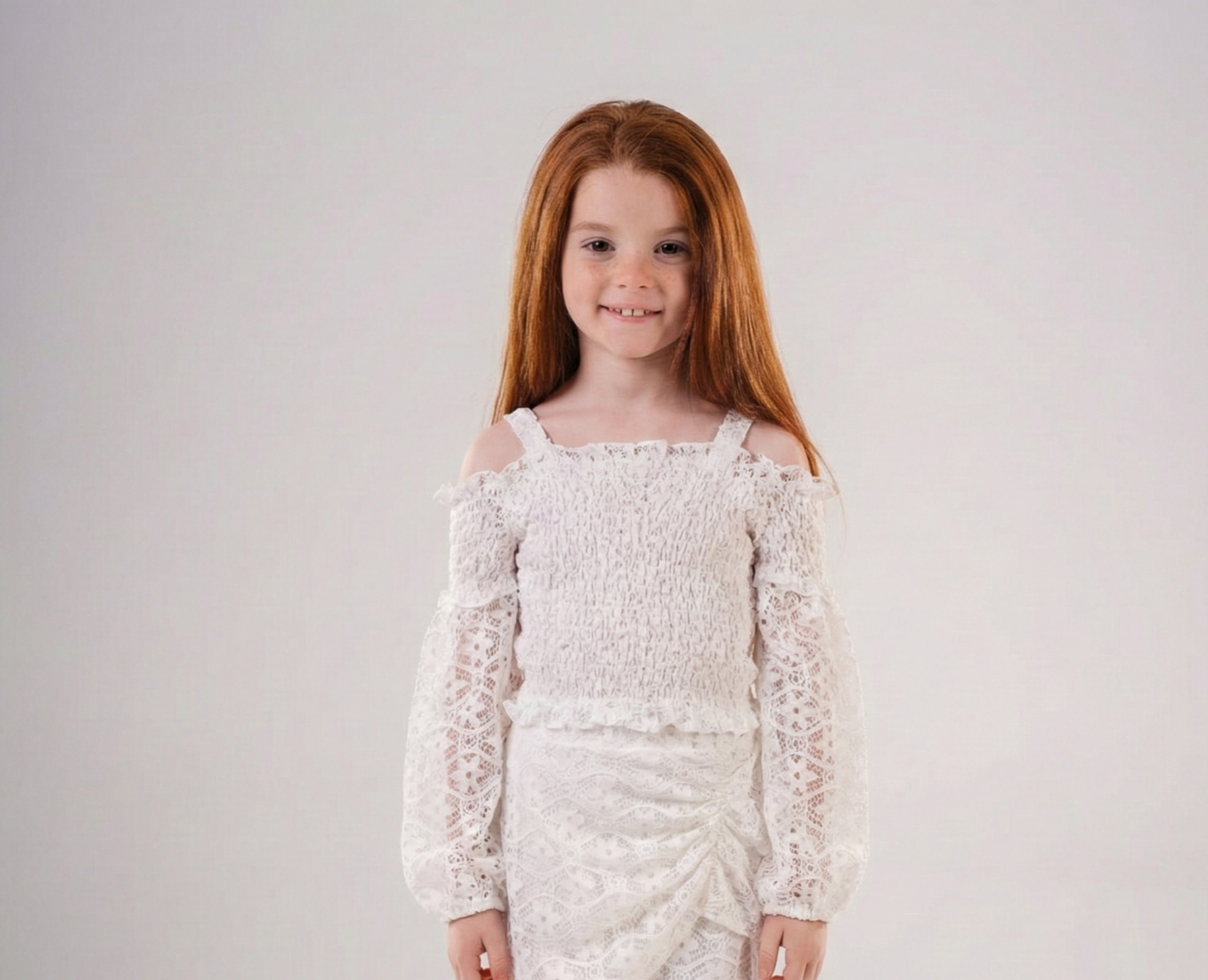 Girls' White Smocked Lace Off-the-Shoulder Top – Elegant Long