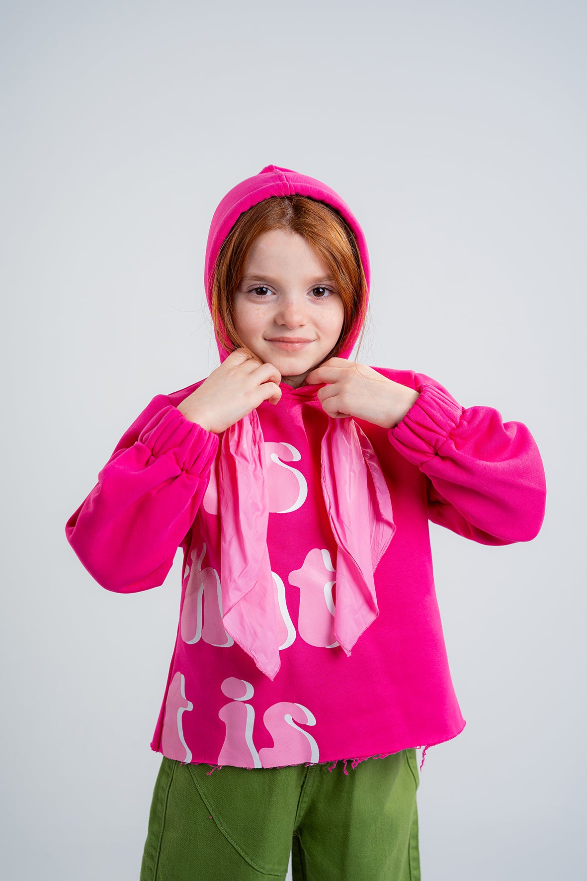 Girls Casual Printed Fuchsia Hoodie with Wide Tie