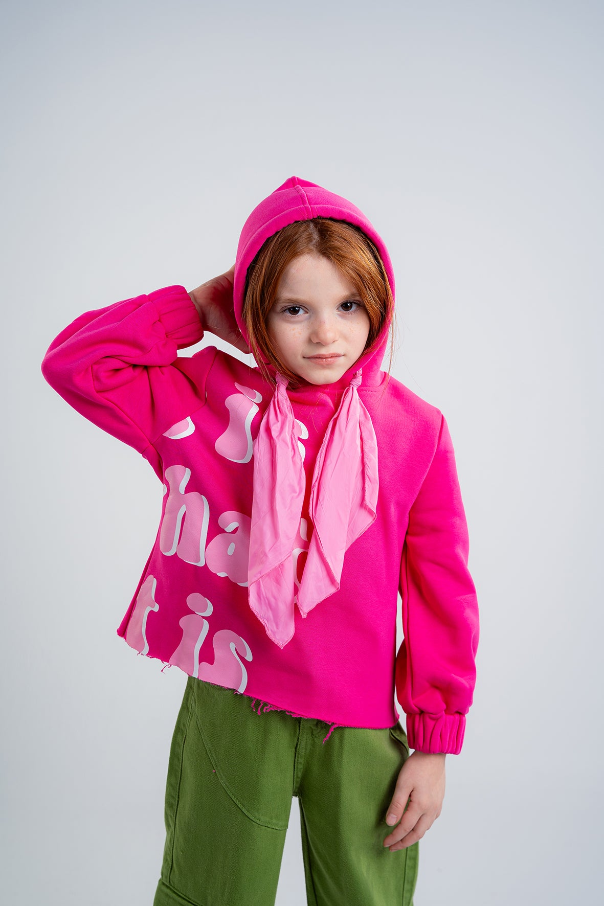 Girls Casual Printed Fuchsia Hoodie with Wide Tie