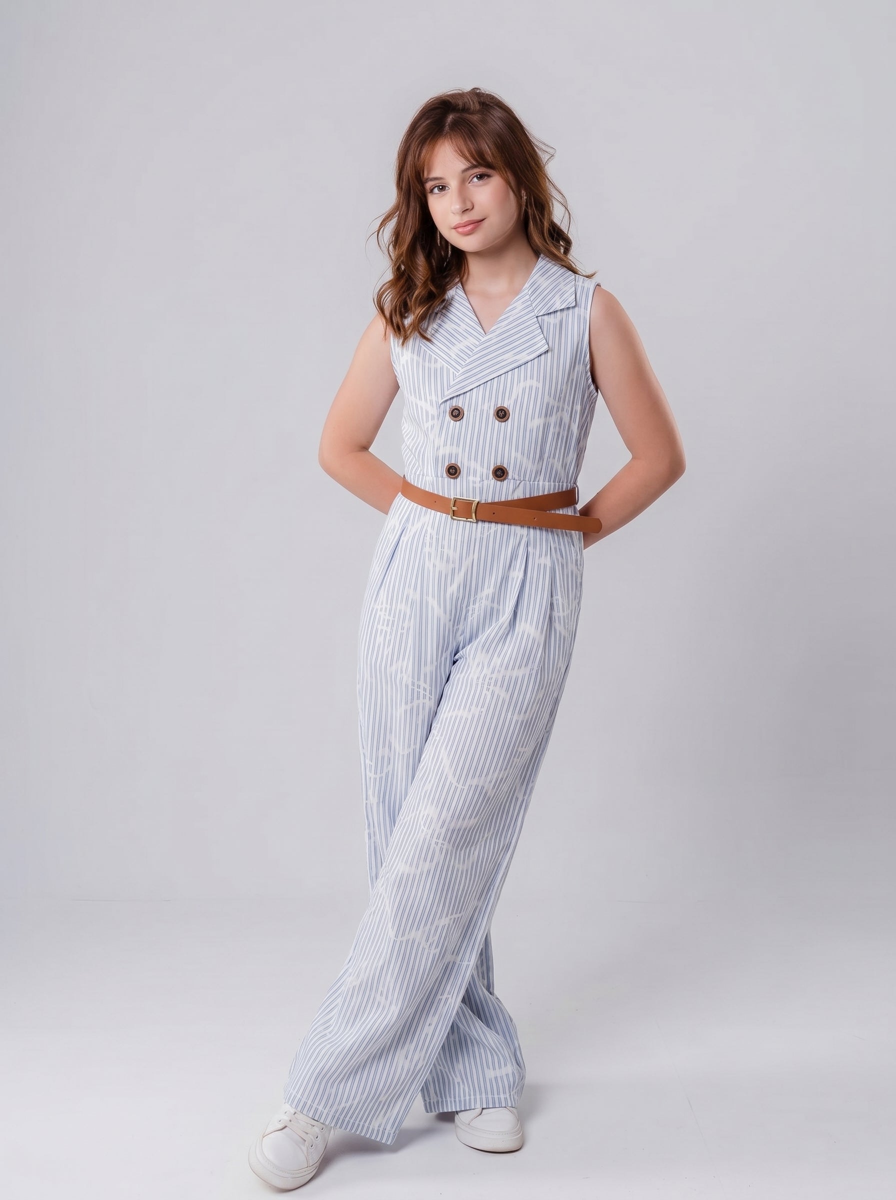 Girls Pinstripe Double-Breasted Wide-Leg Jumpsuit