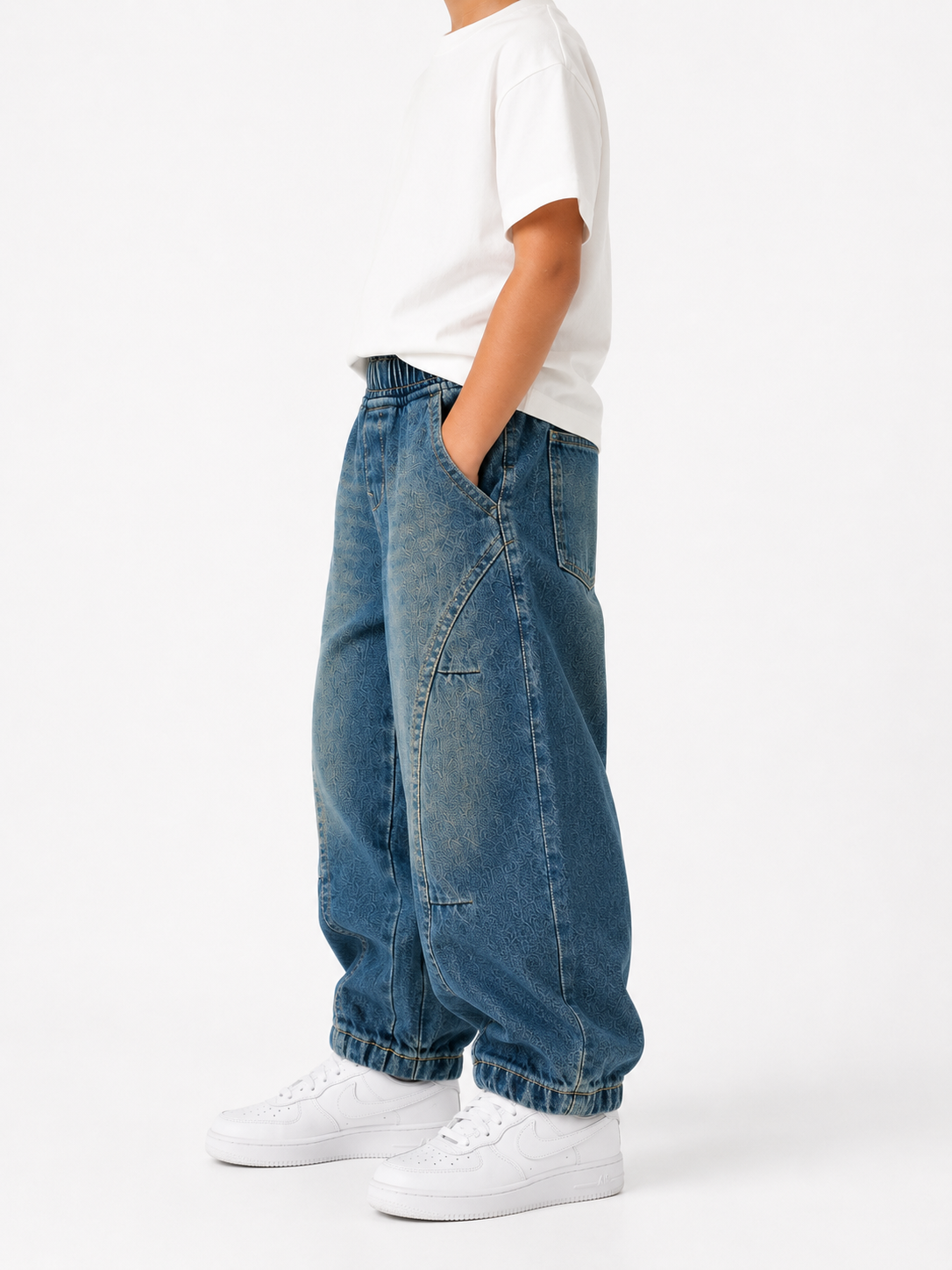 Unisex Wide-Leg Elastic Waist Denim Joggers