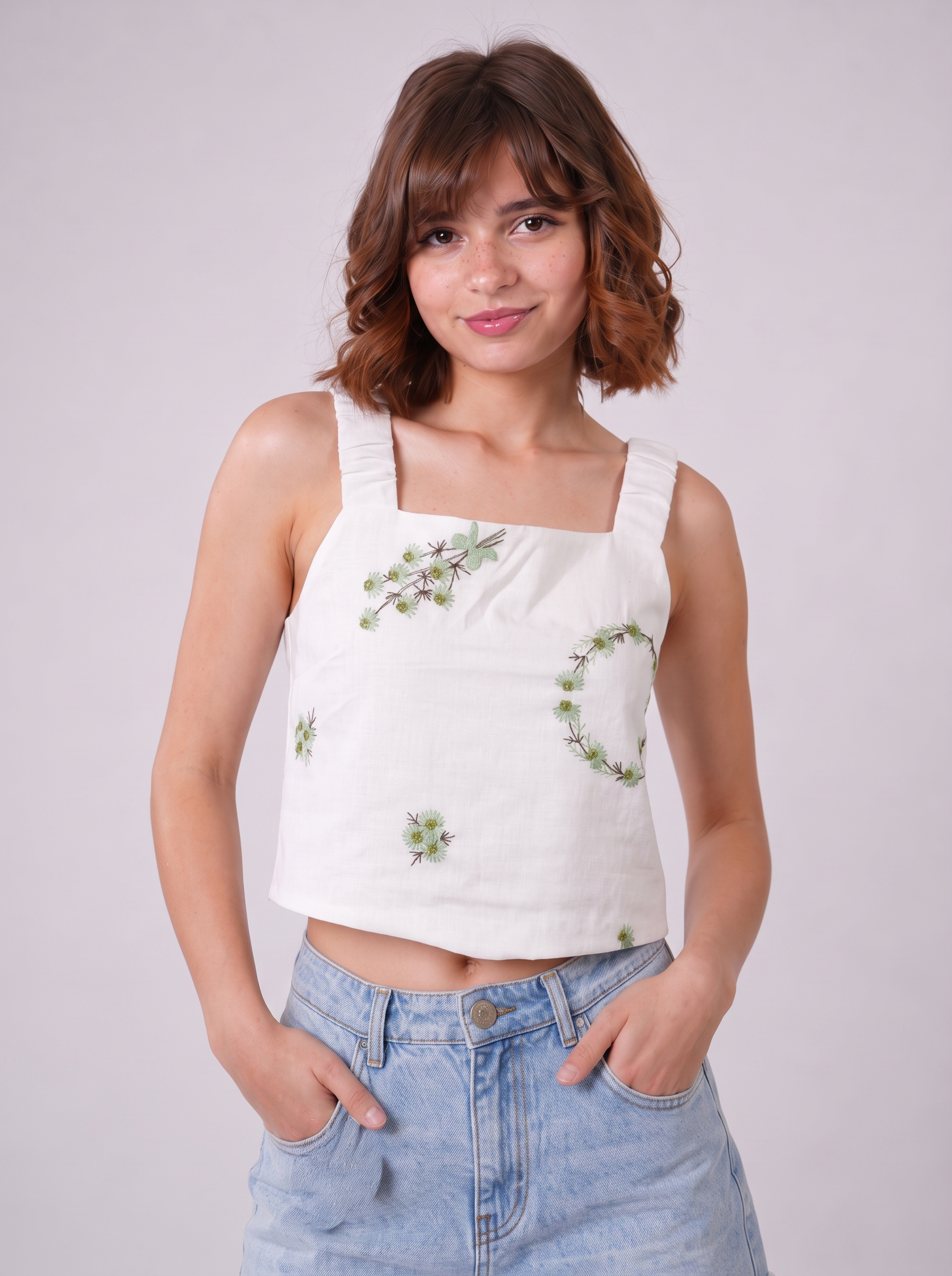 Floral Embroidered Square-Neck Crop Tank Top