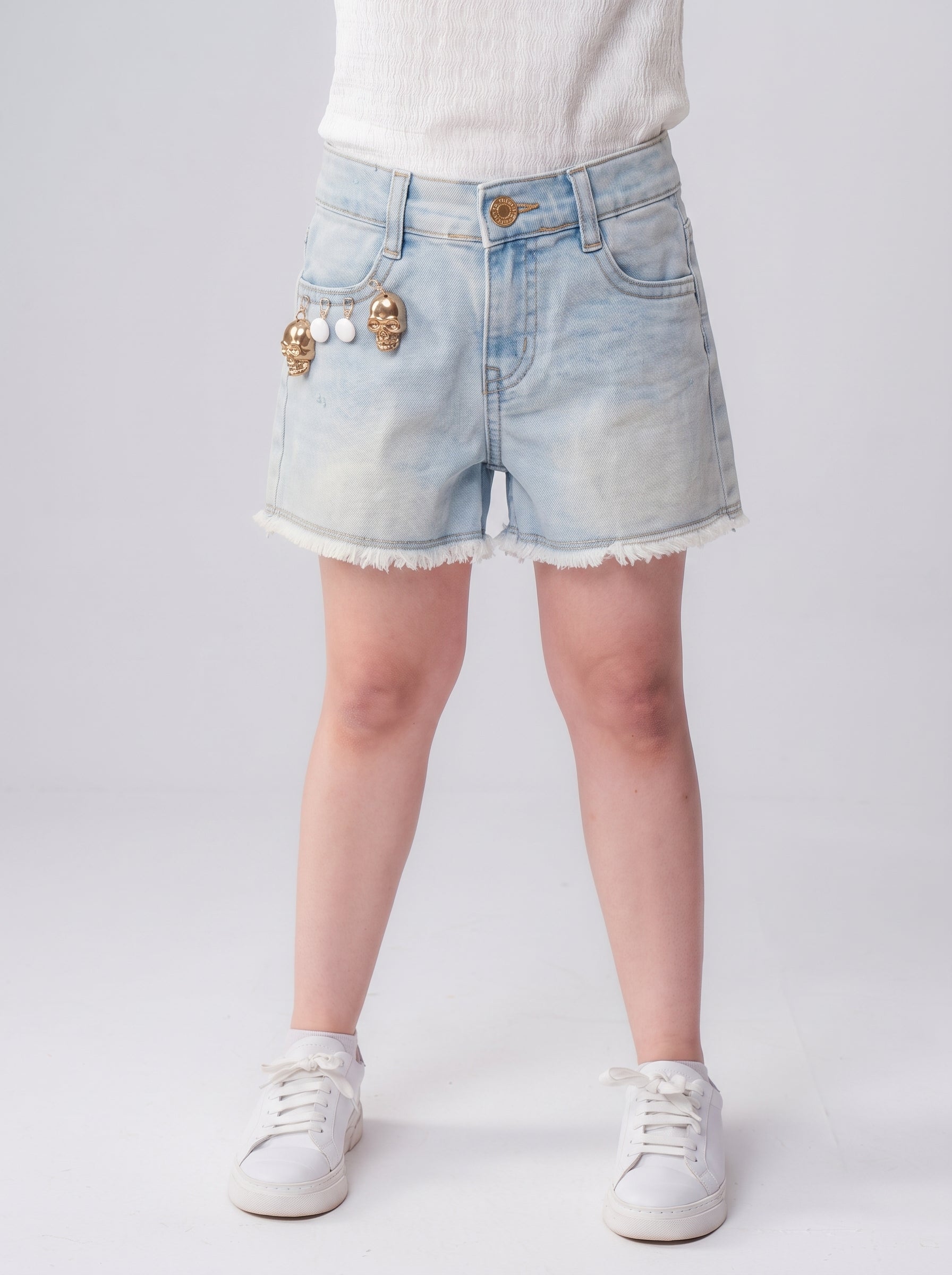 Distressed Denim Shorts with Charm Detail