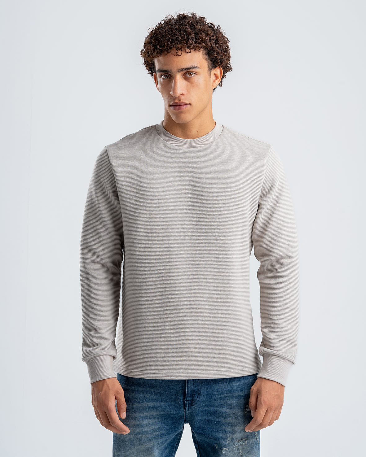 Men's Beige Textured Long Sleeve Sweater