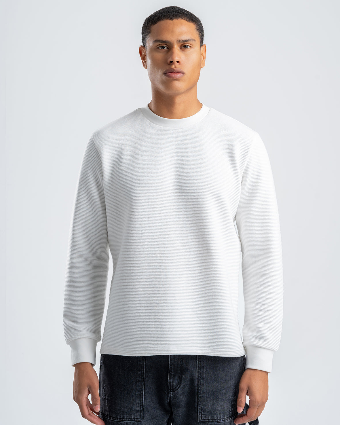 Men's White Textured Long Sleeve Sweater