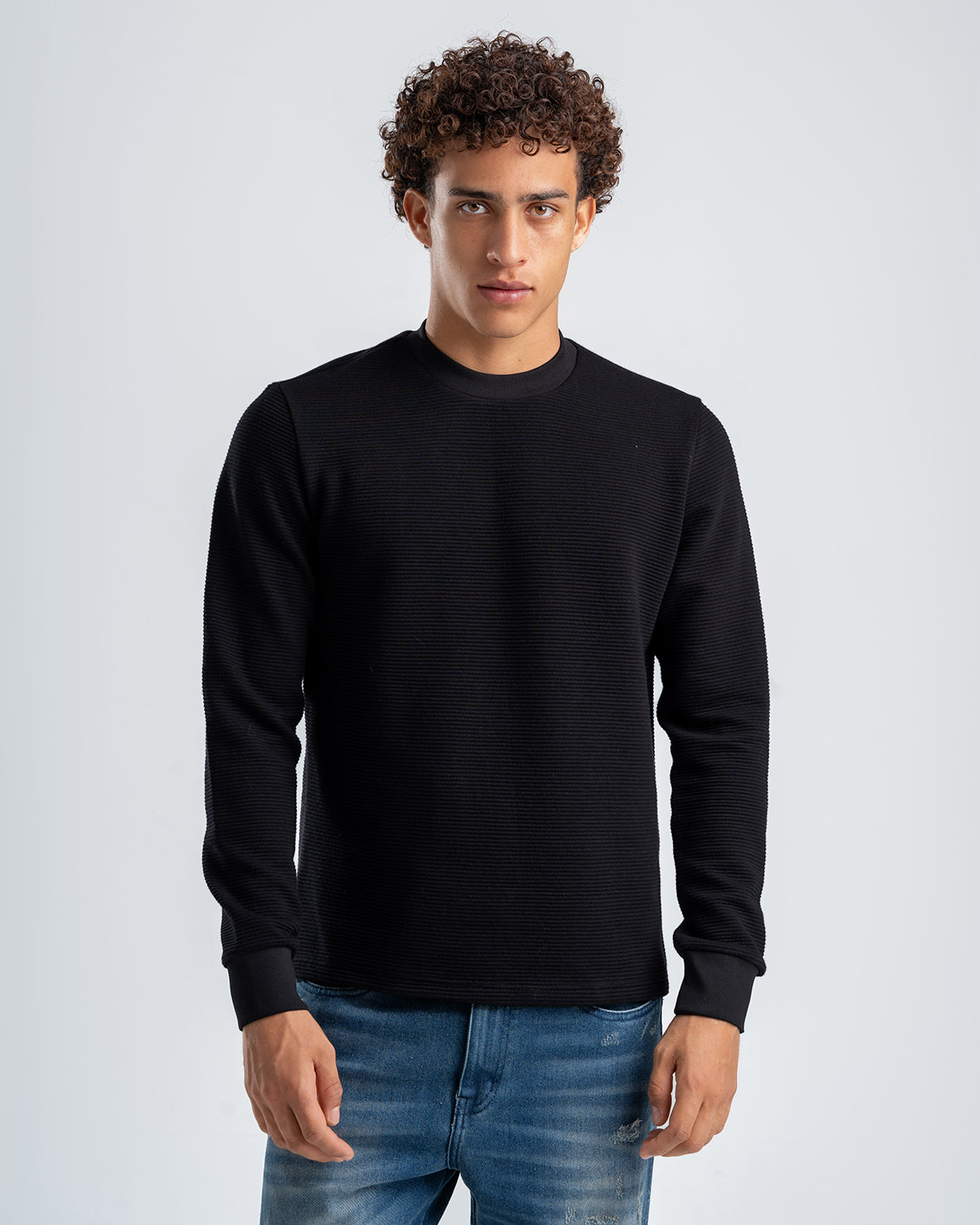 Men's Black Textured Long Sleeve Sweater