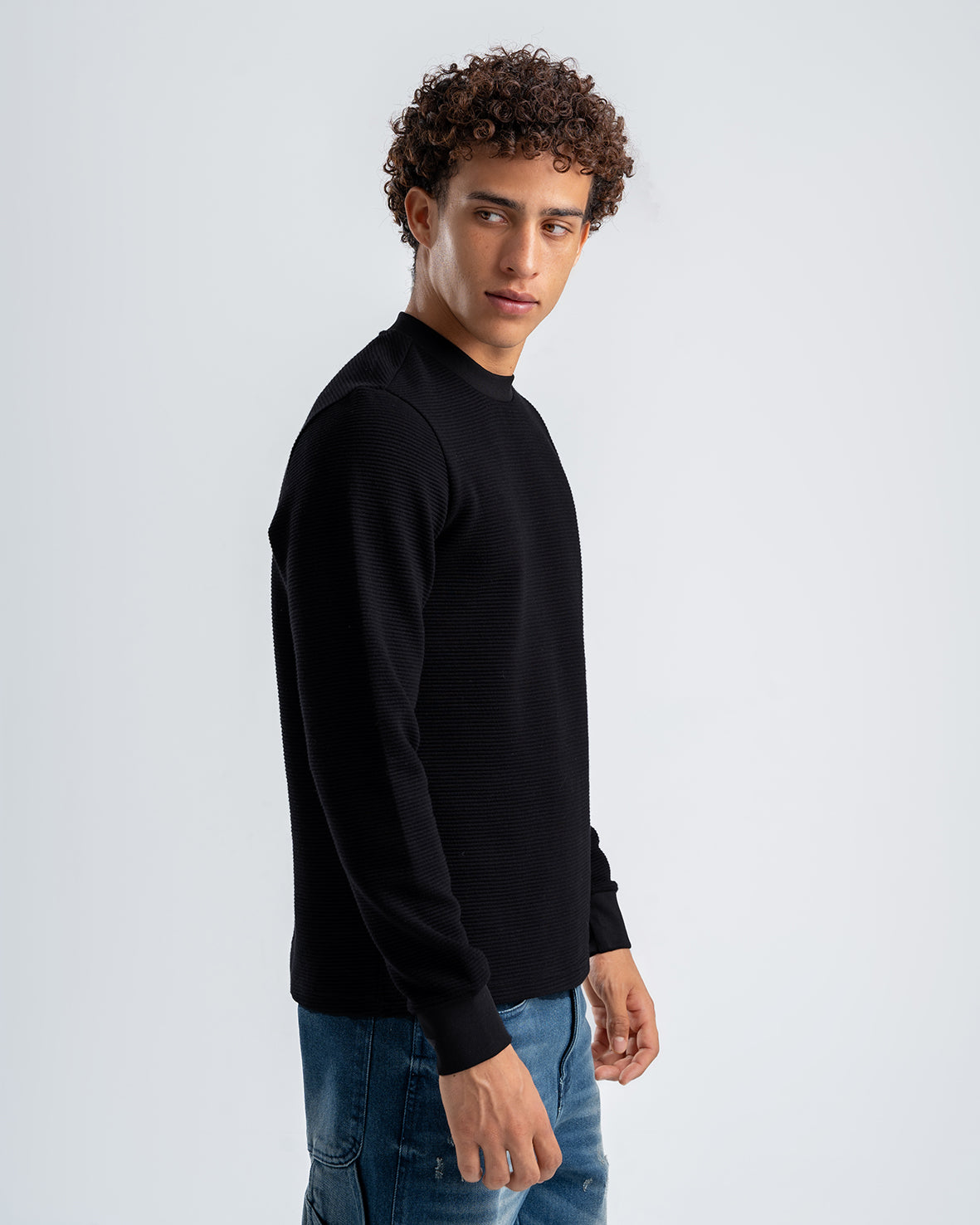 Men's Black Textured Long Sleeve Sweater