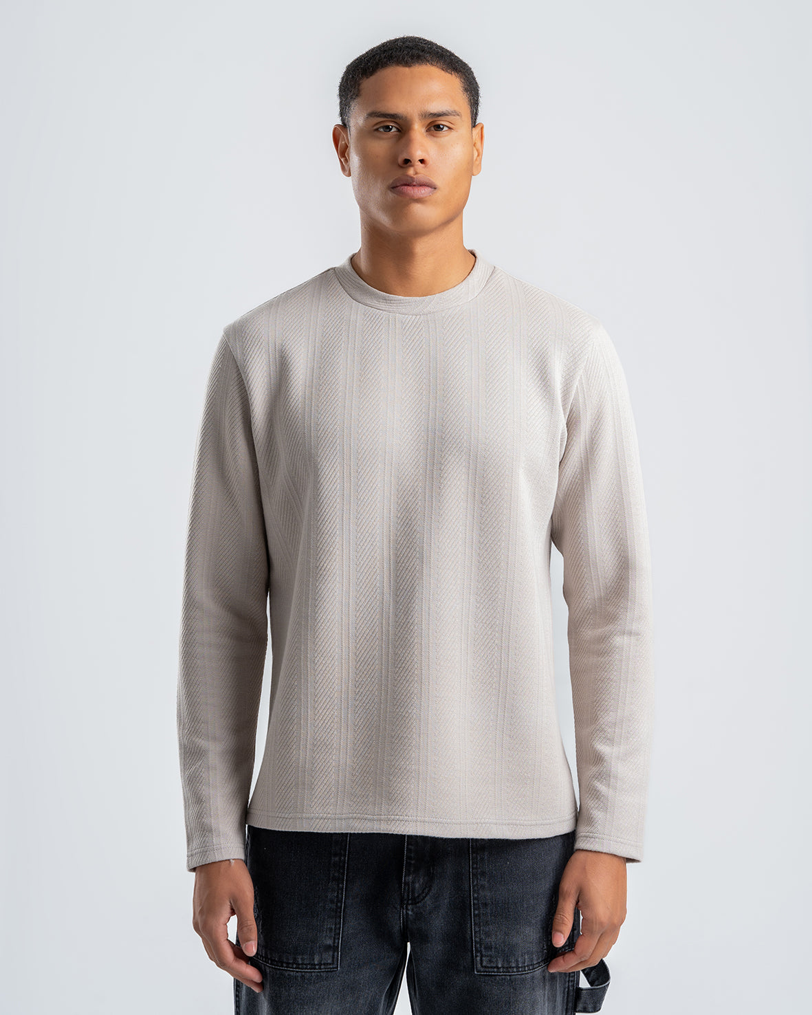 Men's Beige Textured Jacquard Sweatshirt