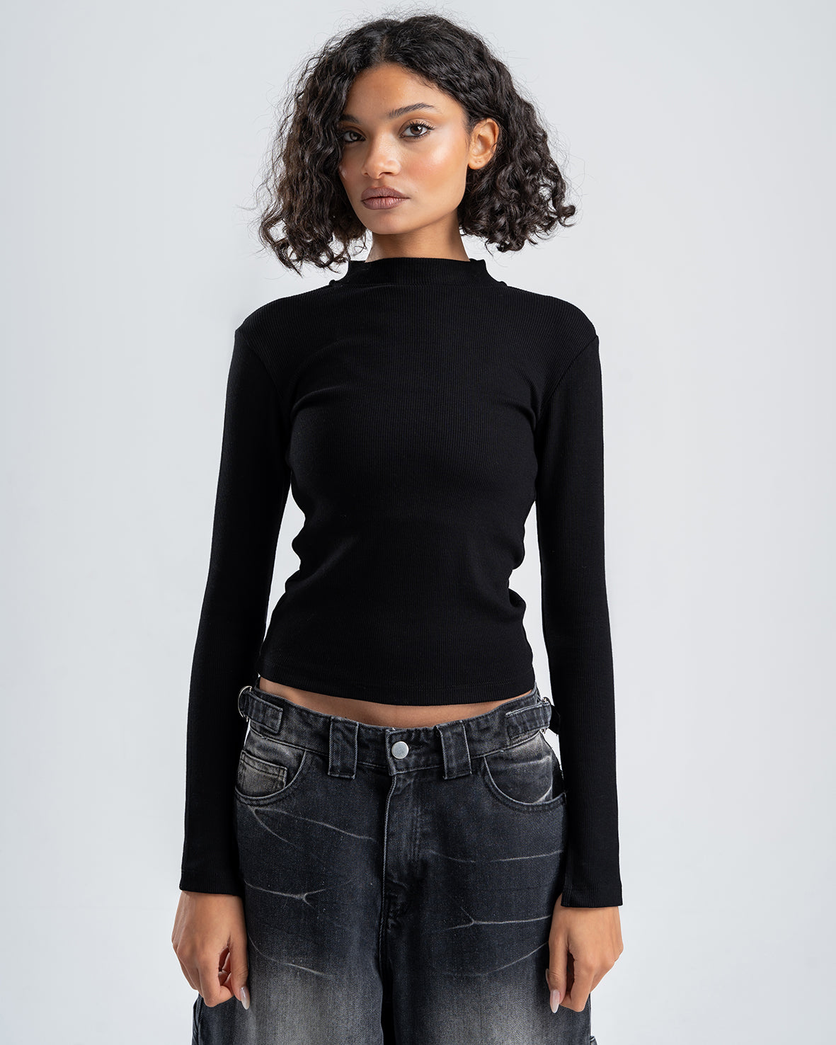 Women's Black Ribbed Long sleeve Top  Mock neck