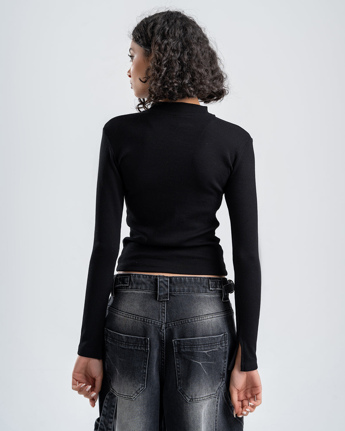 Women's Black Ribbed Long sleeve Top  Mock neck