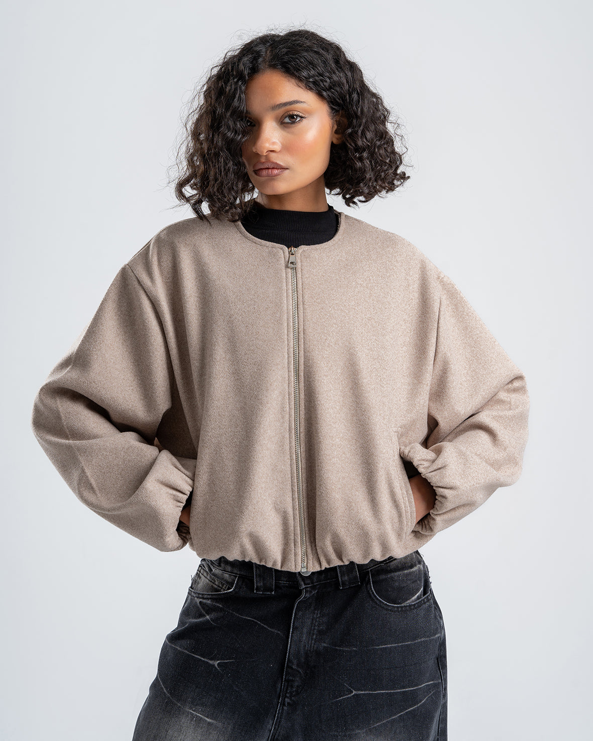 Beige Cropped Long Sleeve Bomber Jacket