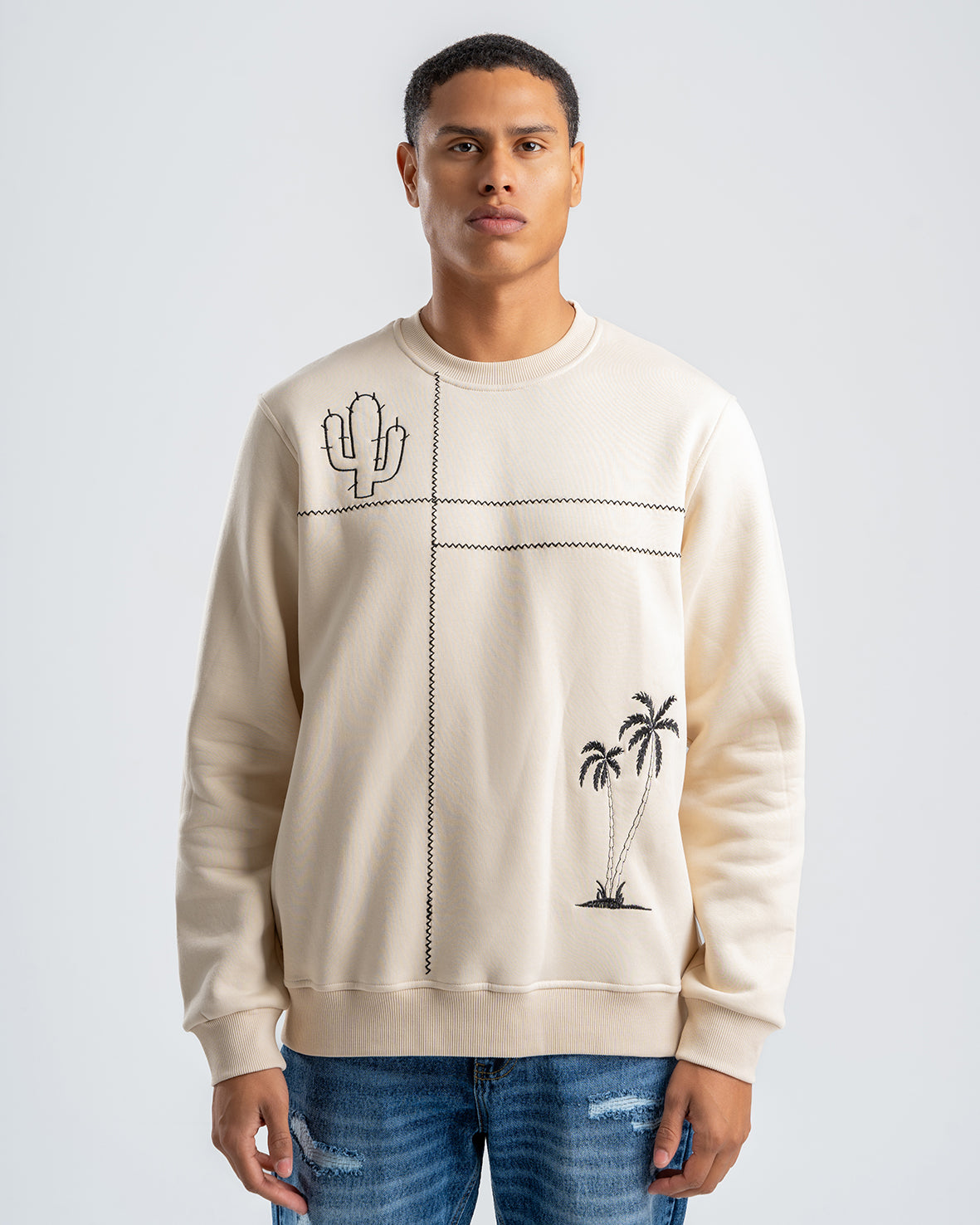 Men's Embroidered Beige Fleece Sweatshirt