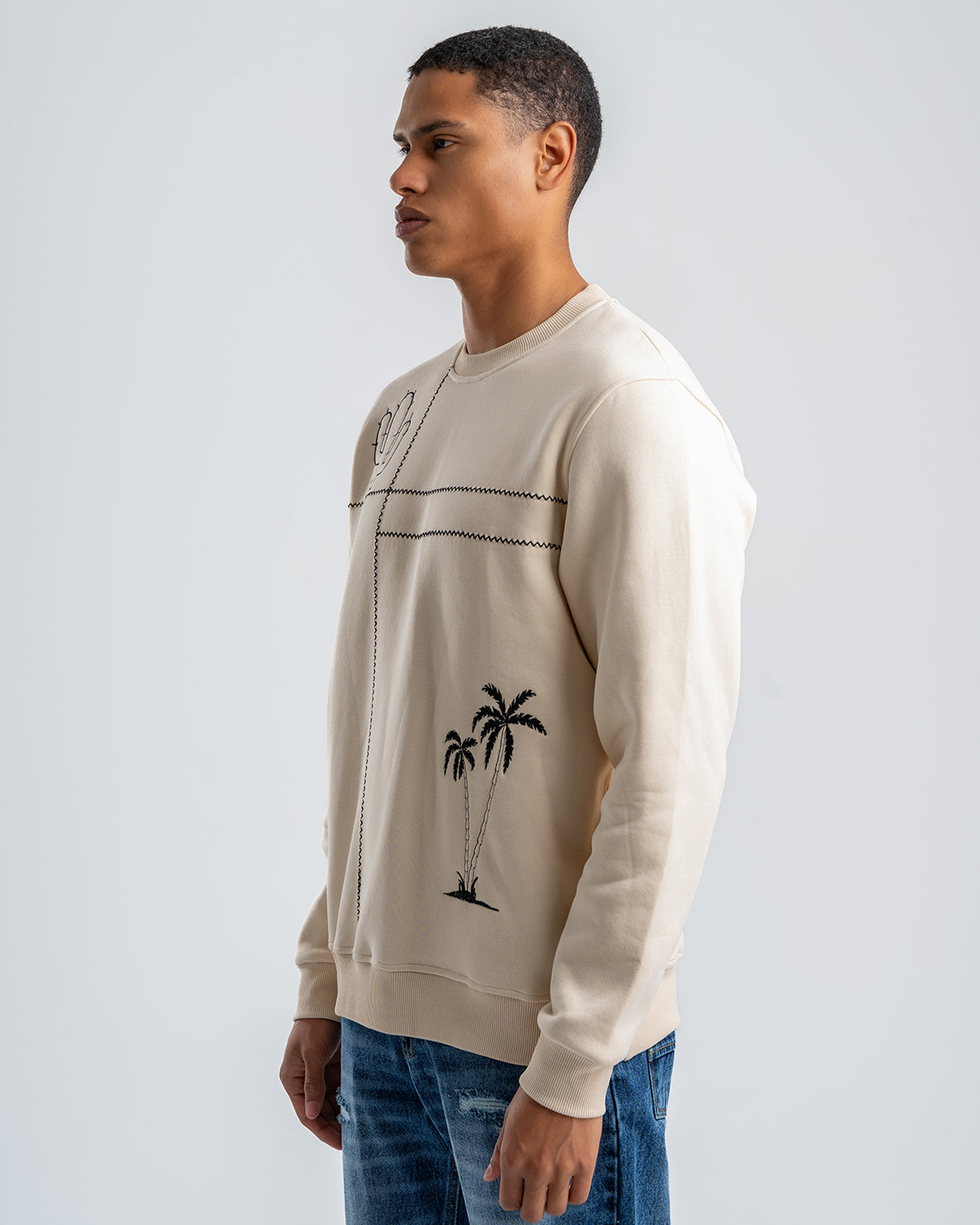 Men's Embroidered Beige Fleece Sweatshirt