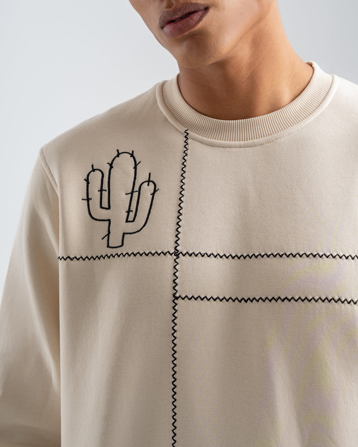 Men's Embroidered Beige Fleece Sweatshirt