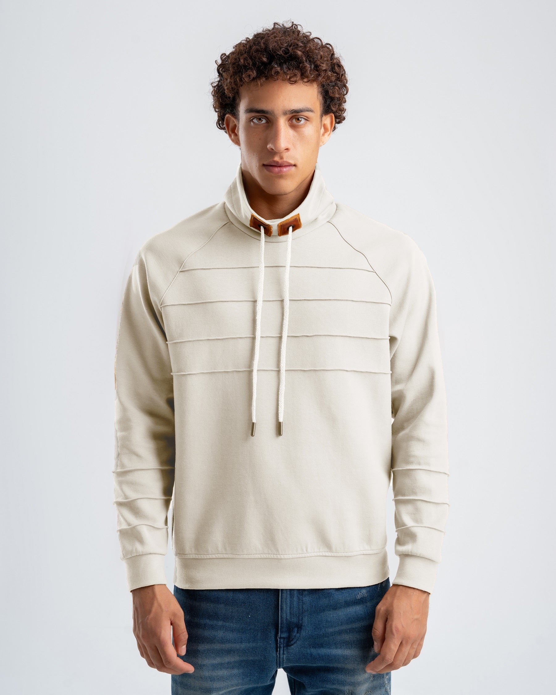 Men's White Ribbed Fleece High Neck Sweatshirt