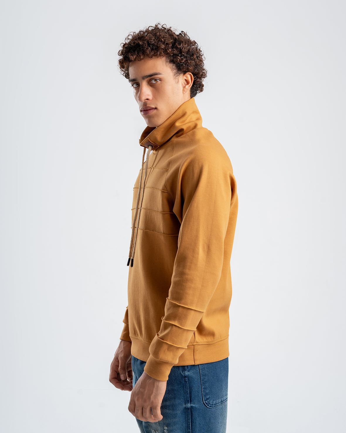 Men's Brown Ribbed Fleece High Neck Sweatshirt