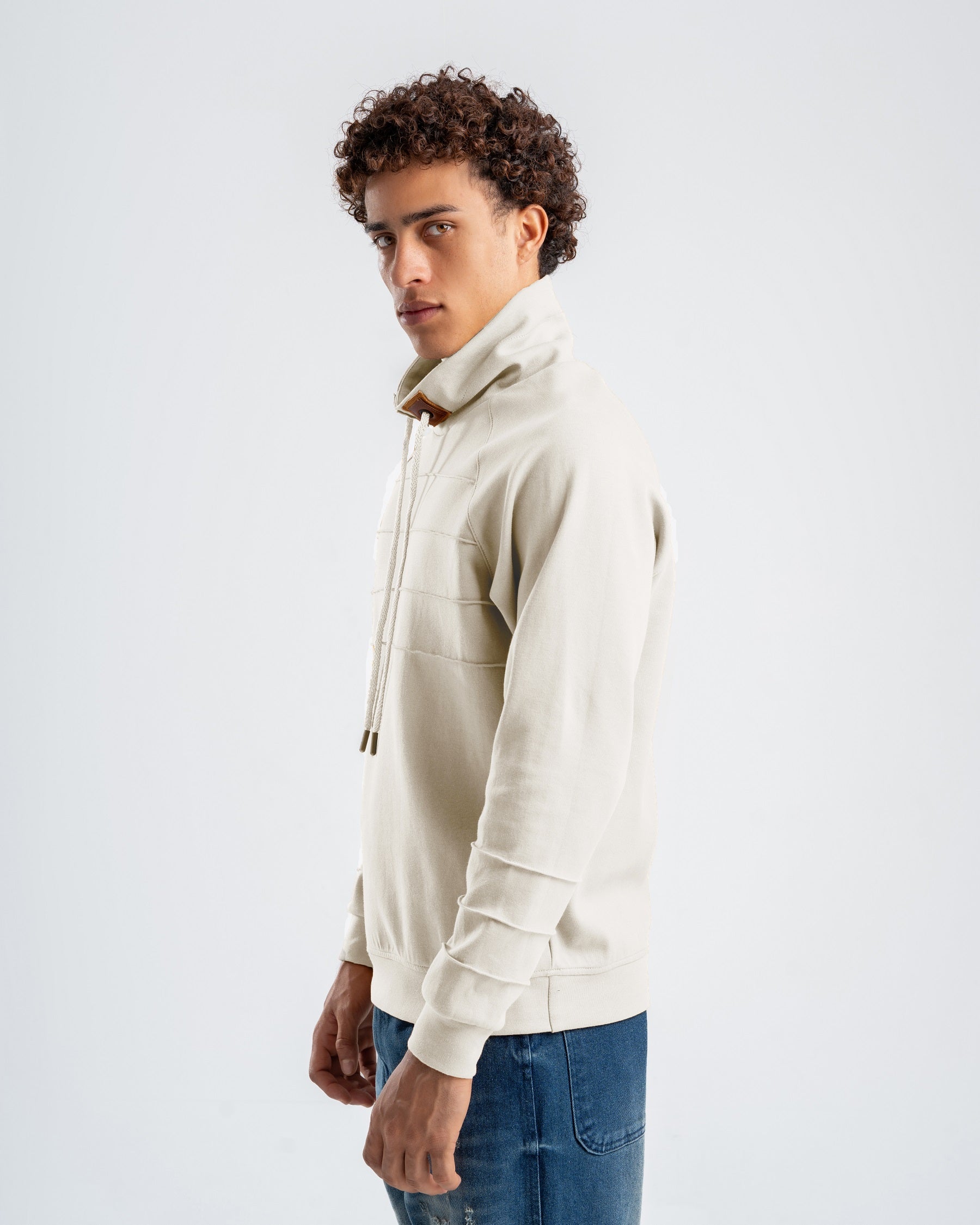 Men's White Ribbed Fleece High Neck Sweatshirt