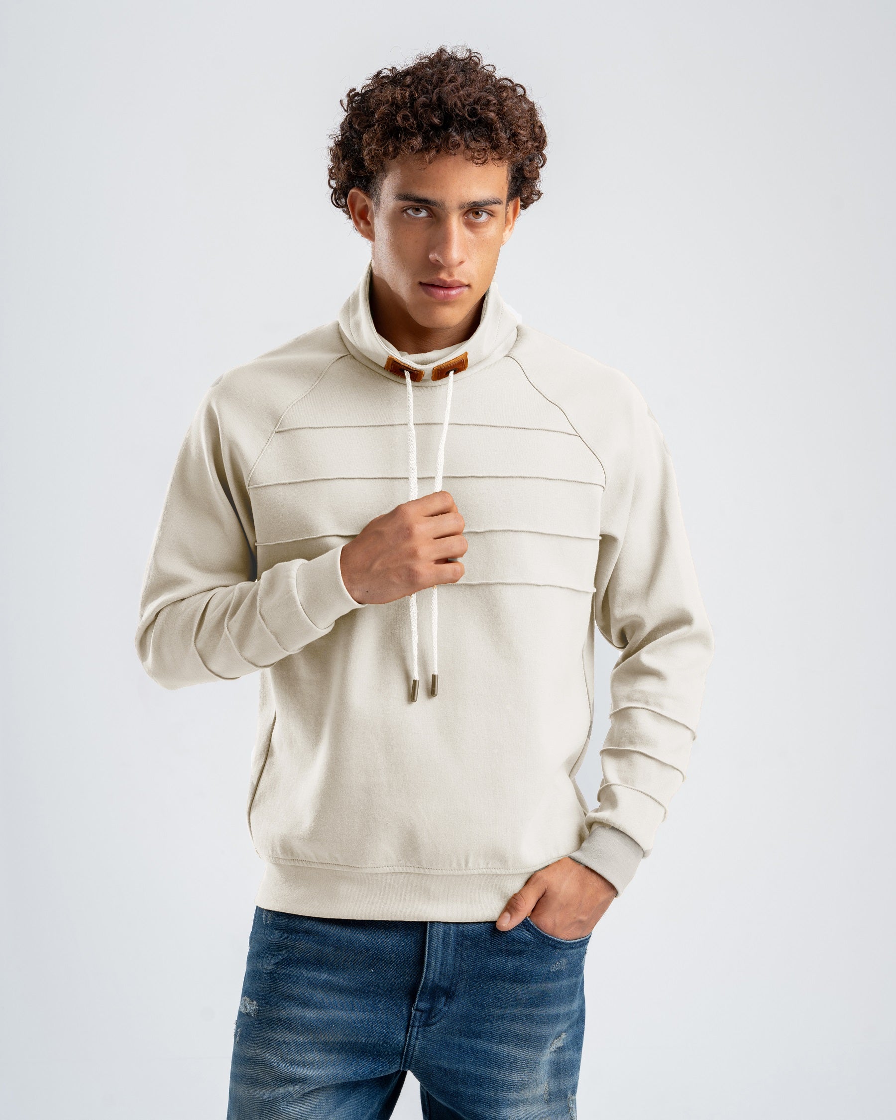 Men's White Ribbed Fleece High Neck Sweatshirt