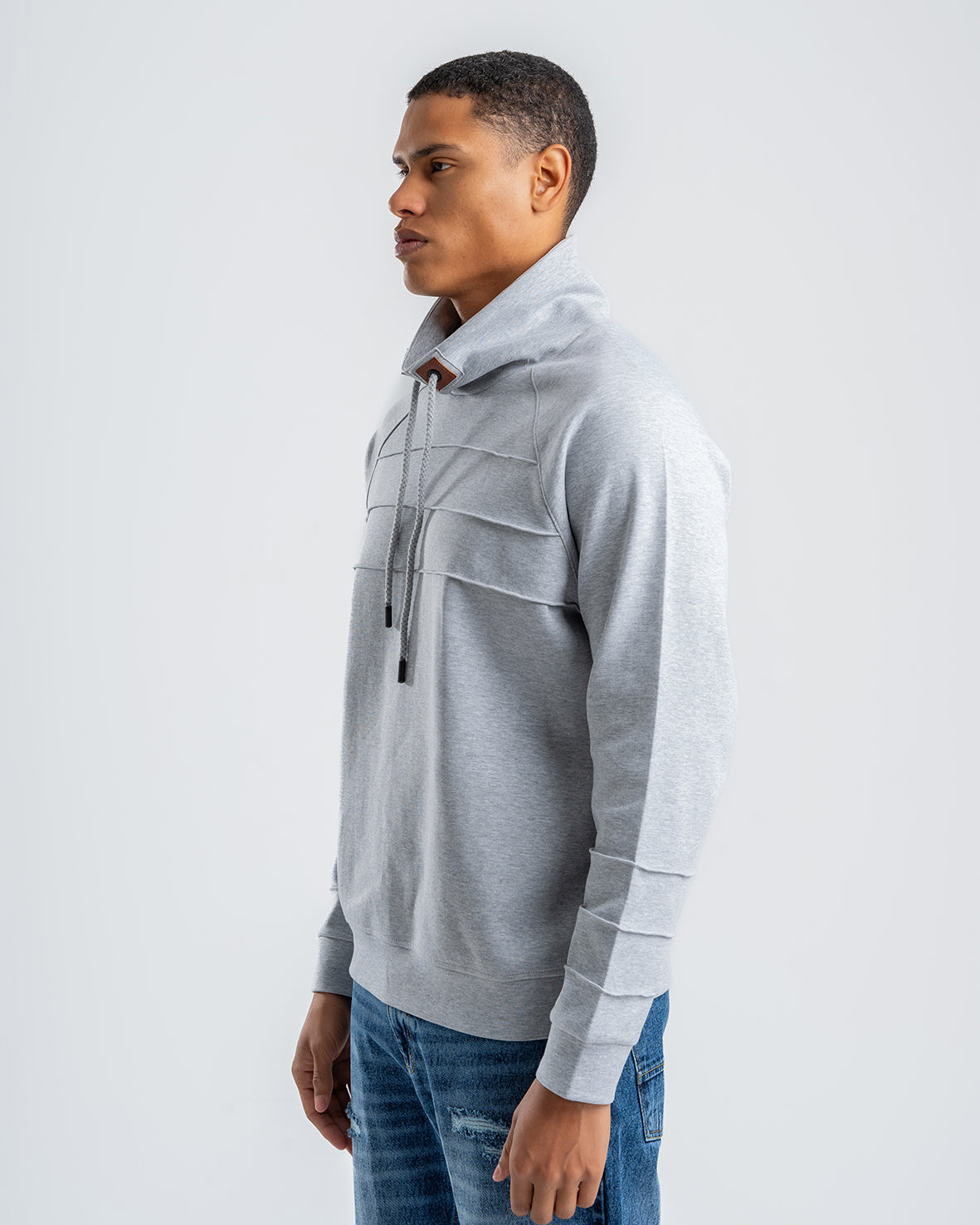 Men's Gray Ribbed Fleece High Neck Sweatshirt