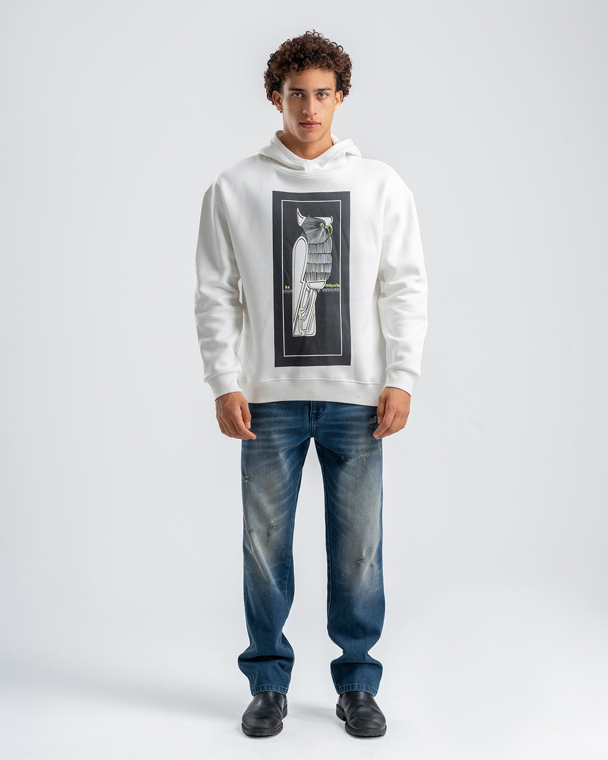 Men's White Printed Casual Hoodie