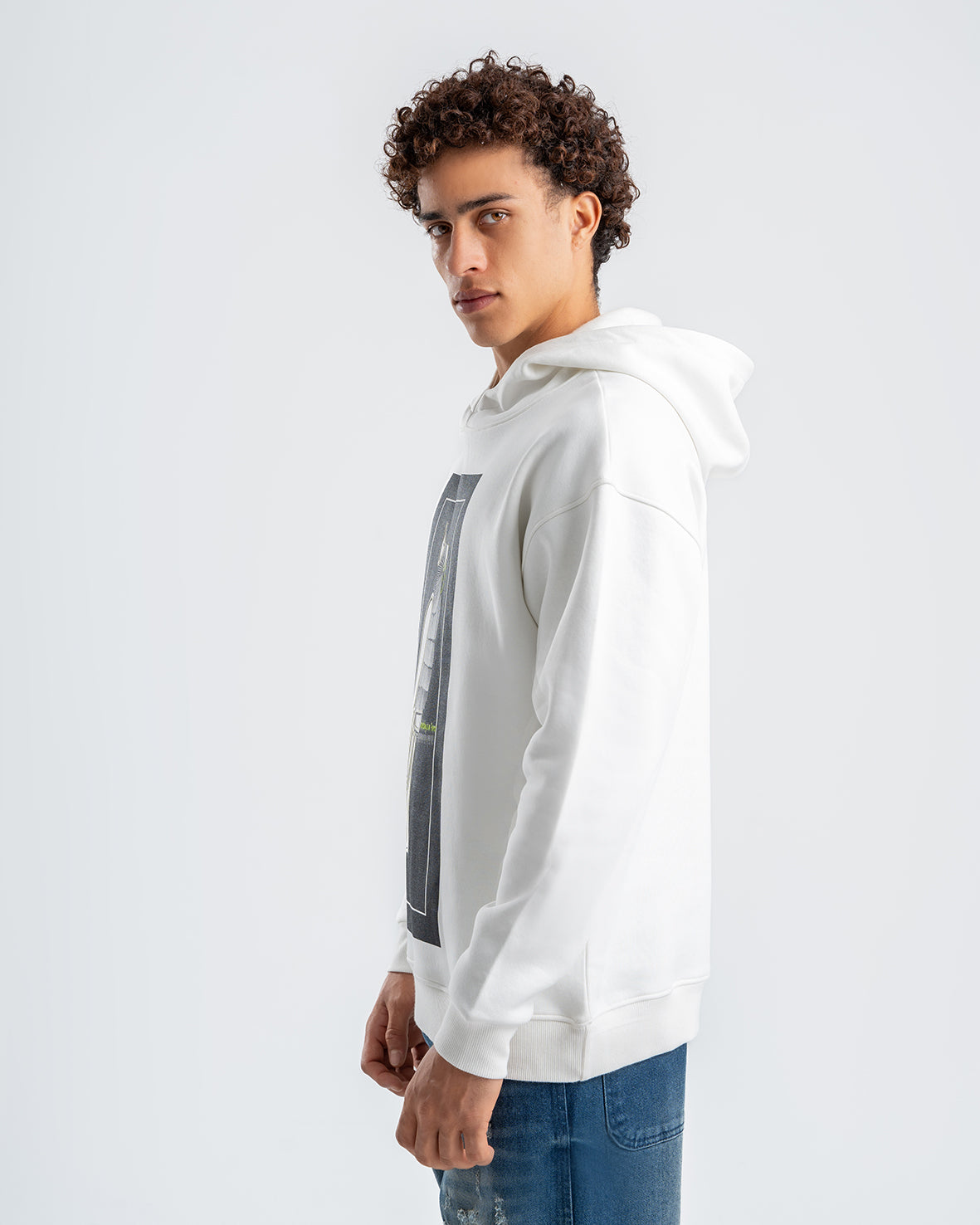 Men's White Printed Casual Hoodie