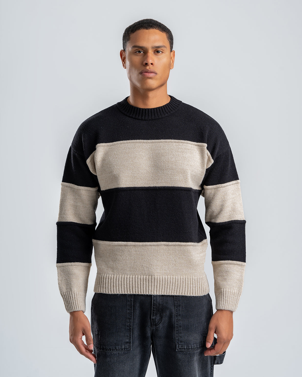 Men's Crew Neck Knitted Sweaters Striped  Black/Cream