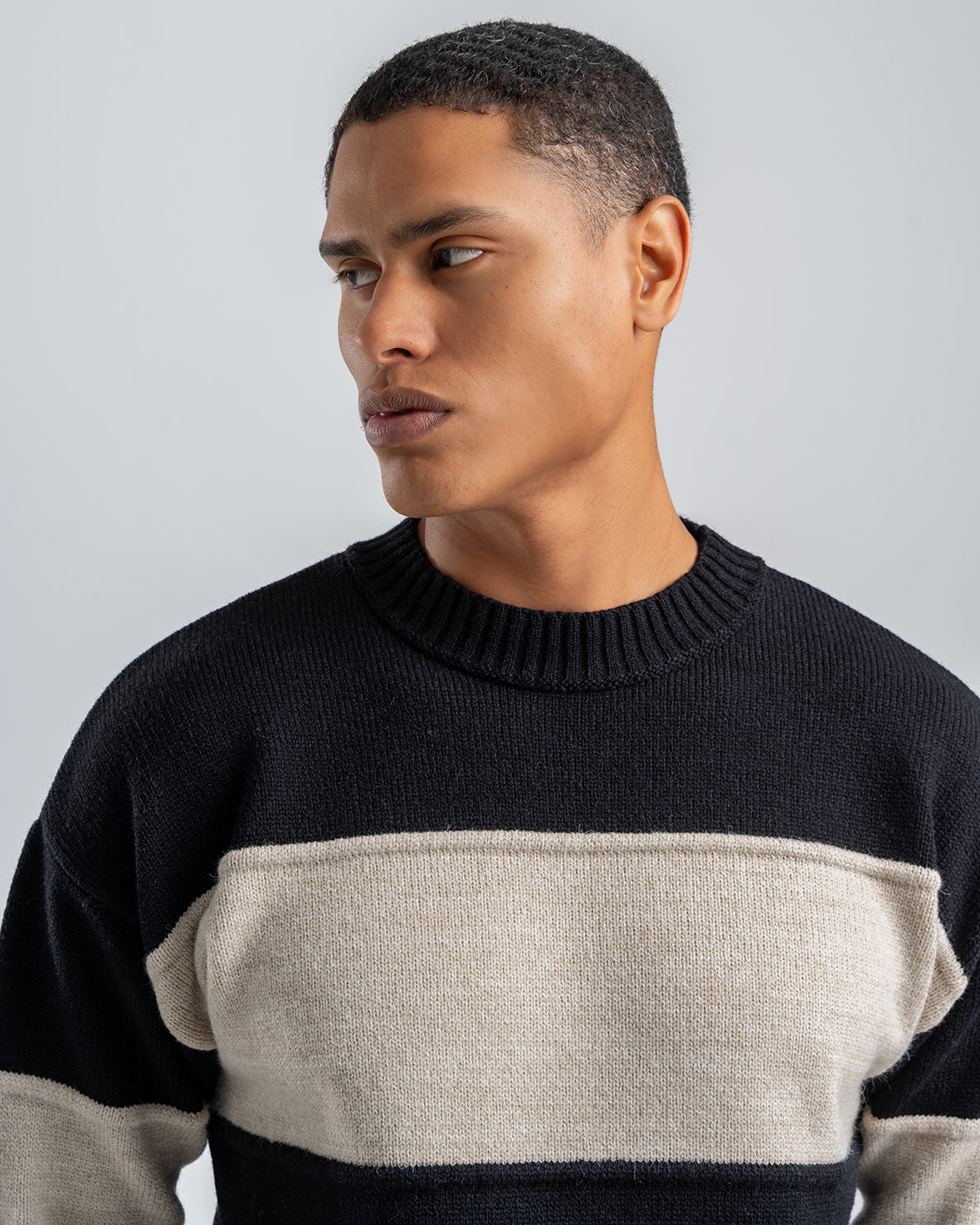 Men's Crew Neck Knitted Sweaters Striped  Black/Cream