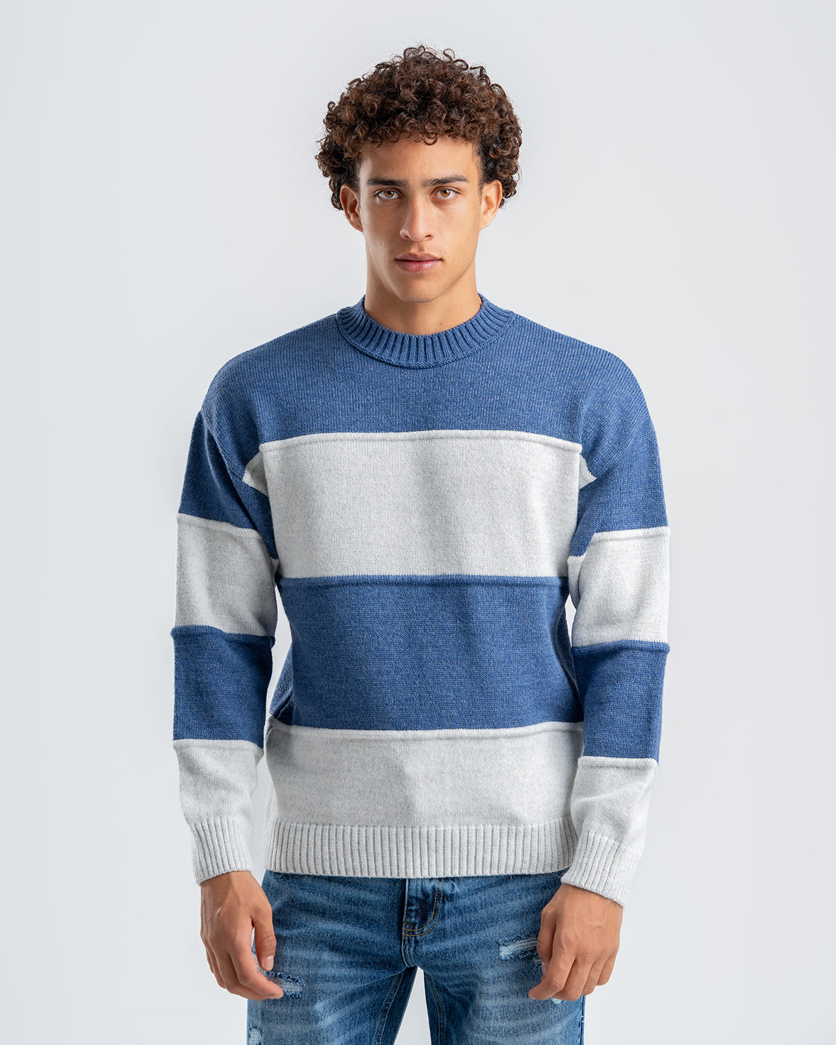 Men's Crew Neck Knitted Sweaters Striped  Blue/Gray