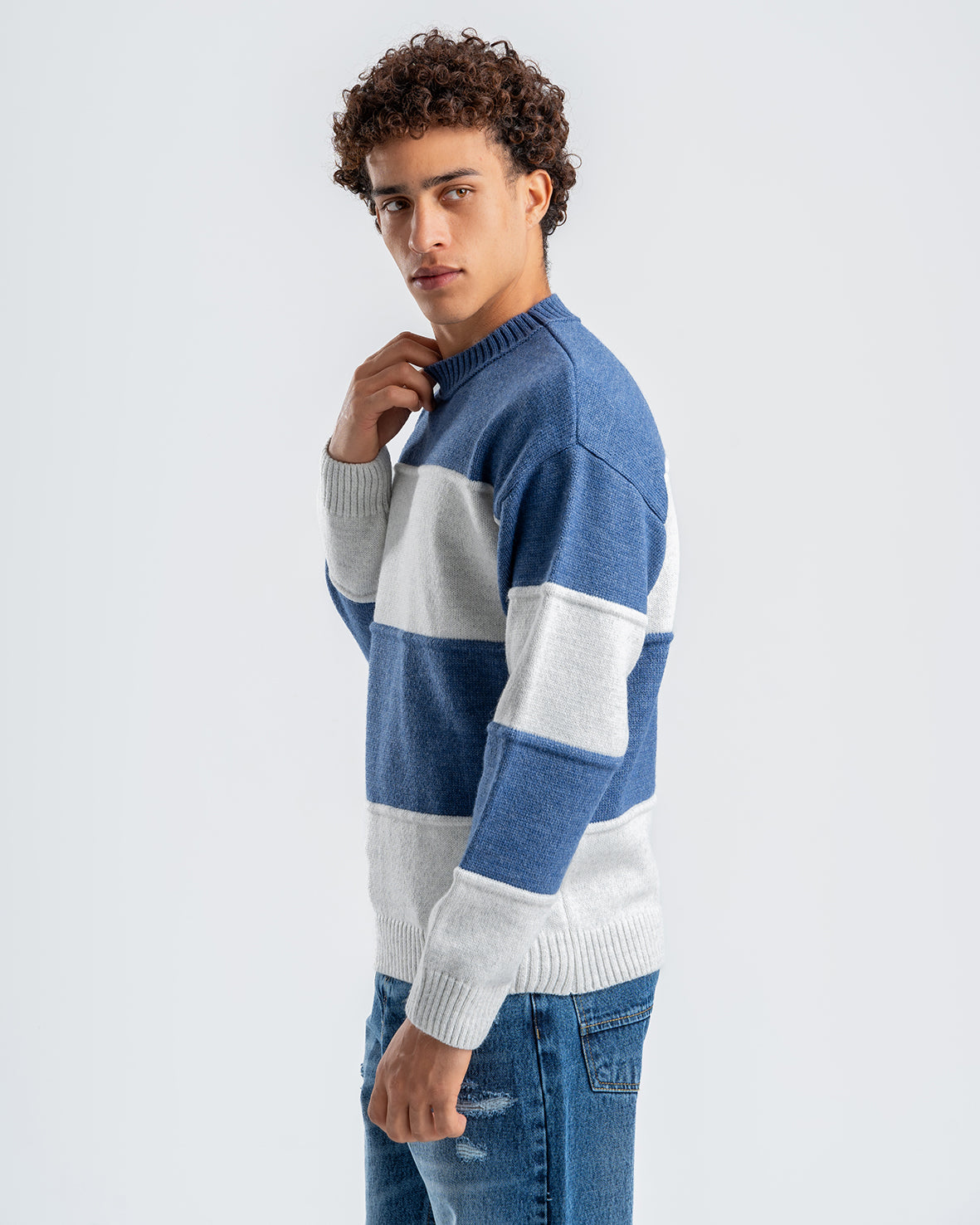 Men's Crew Neck Knitted Sweaters Striped  Blue/Gray