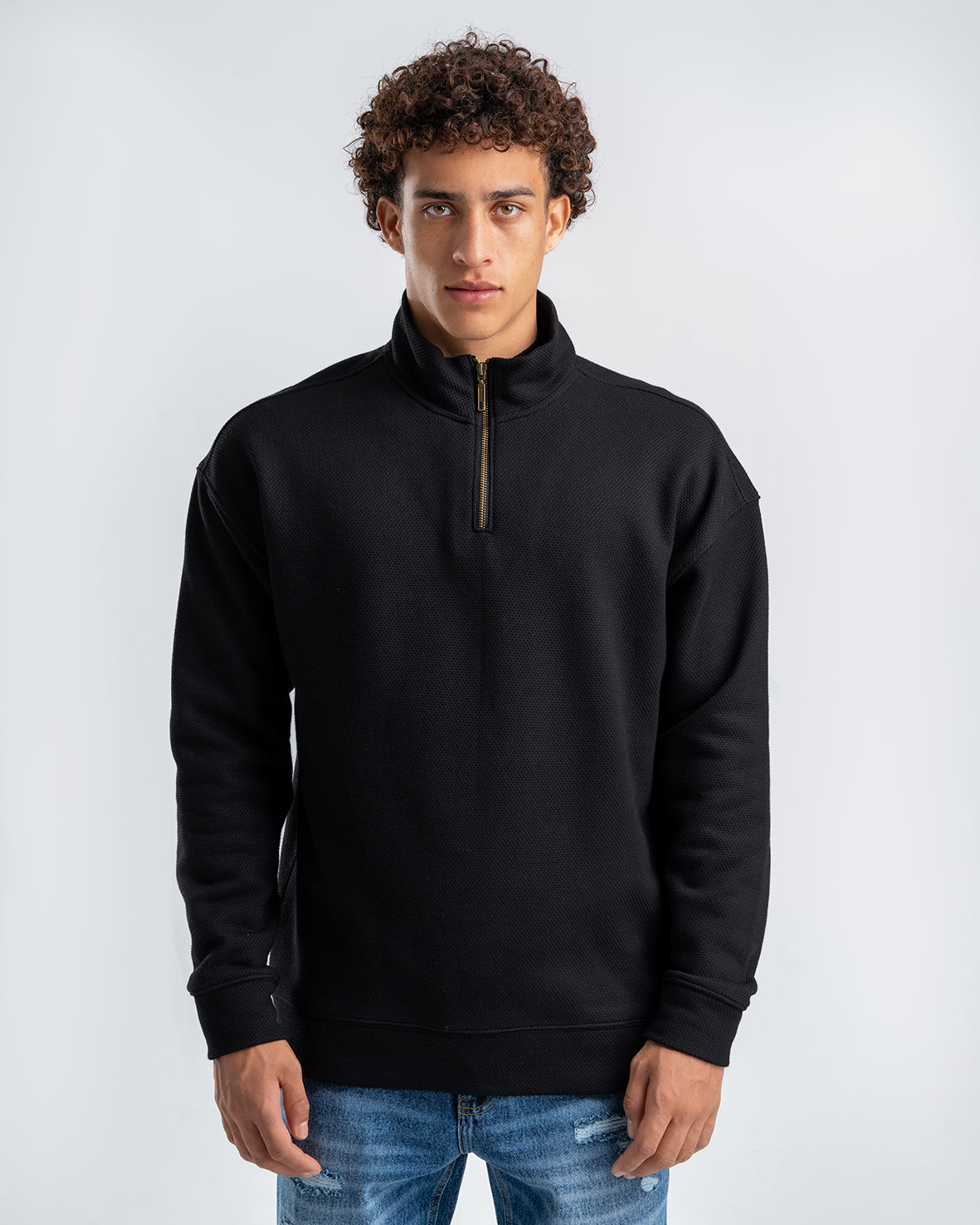 Men's Black Fashionable Casual Zipper Polo Sweatshirt