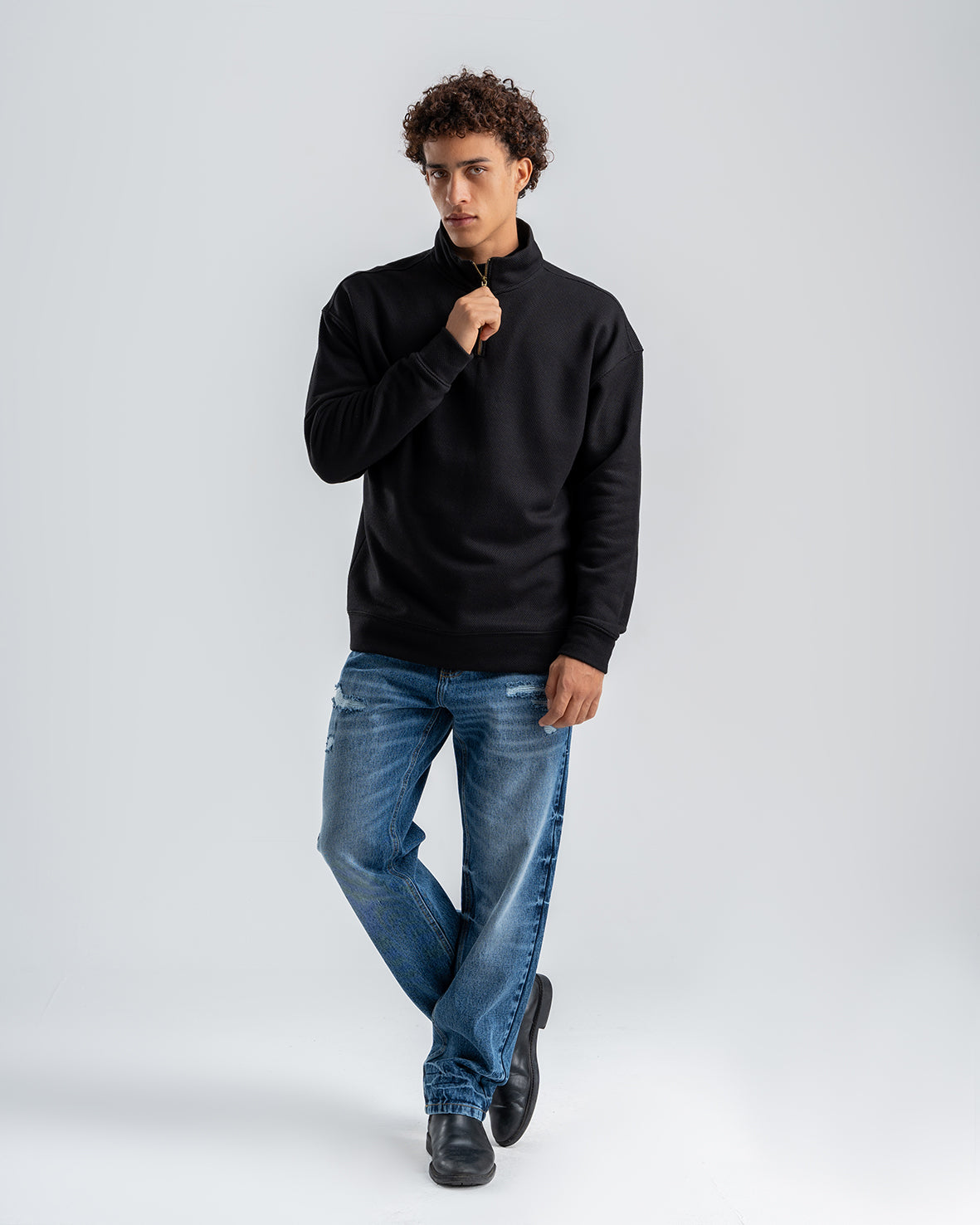 Men's Black Fashionable Casual Zipper Polo Sweatshirt