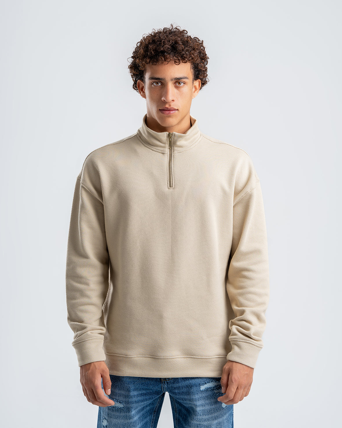 Men's Beige Fashionable Casual Zipper Polo Sweatshirt