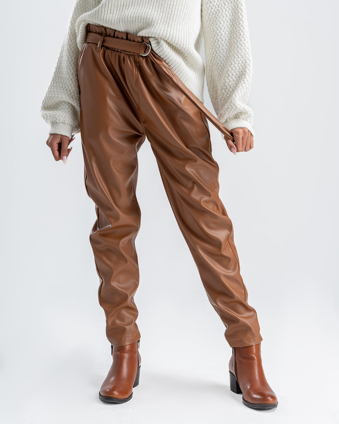 Women's Brown Faux Leather Pants With Belt