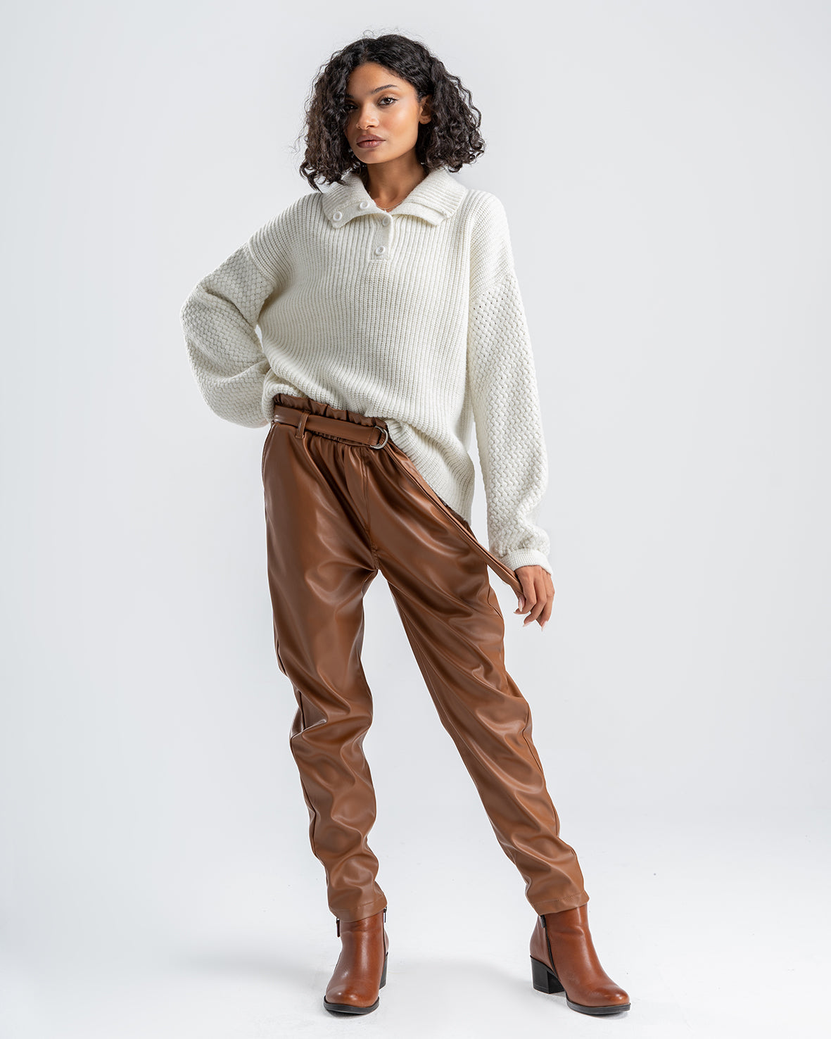 Women's Brown Faux Leather Pants With Belt