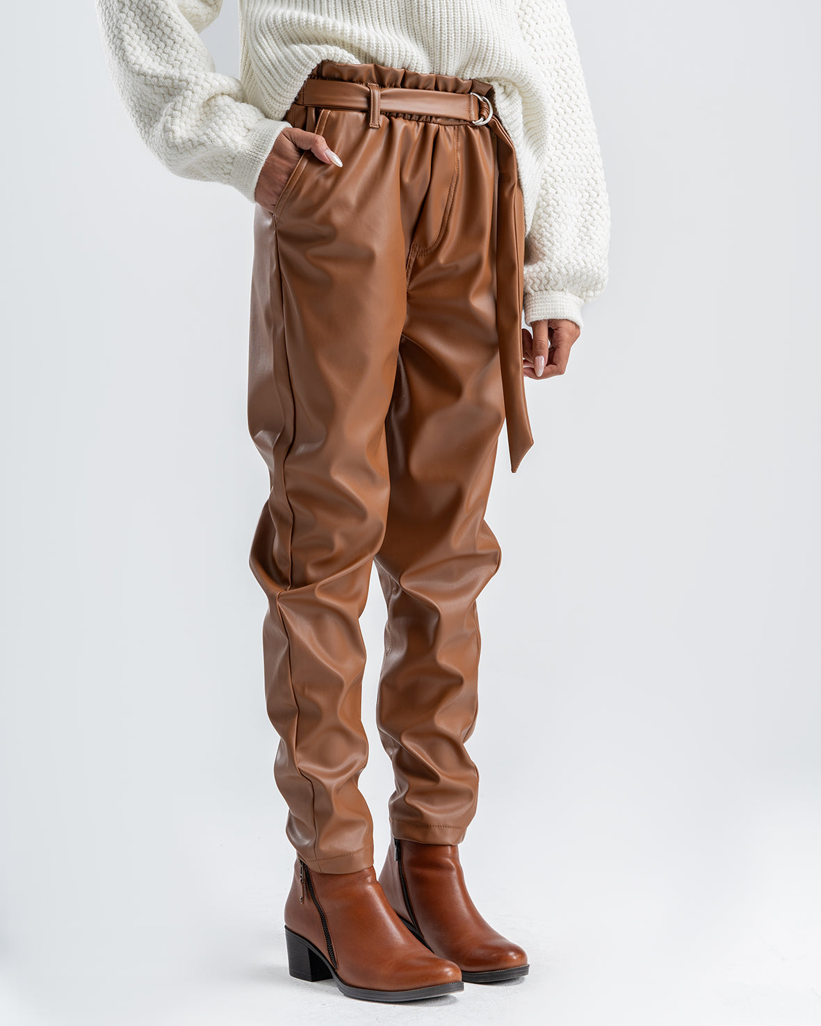 Women's Brown Faux Leather Pants With Belt