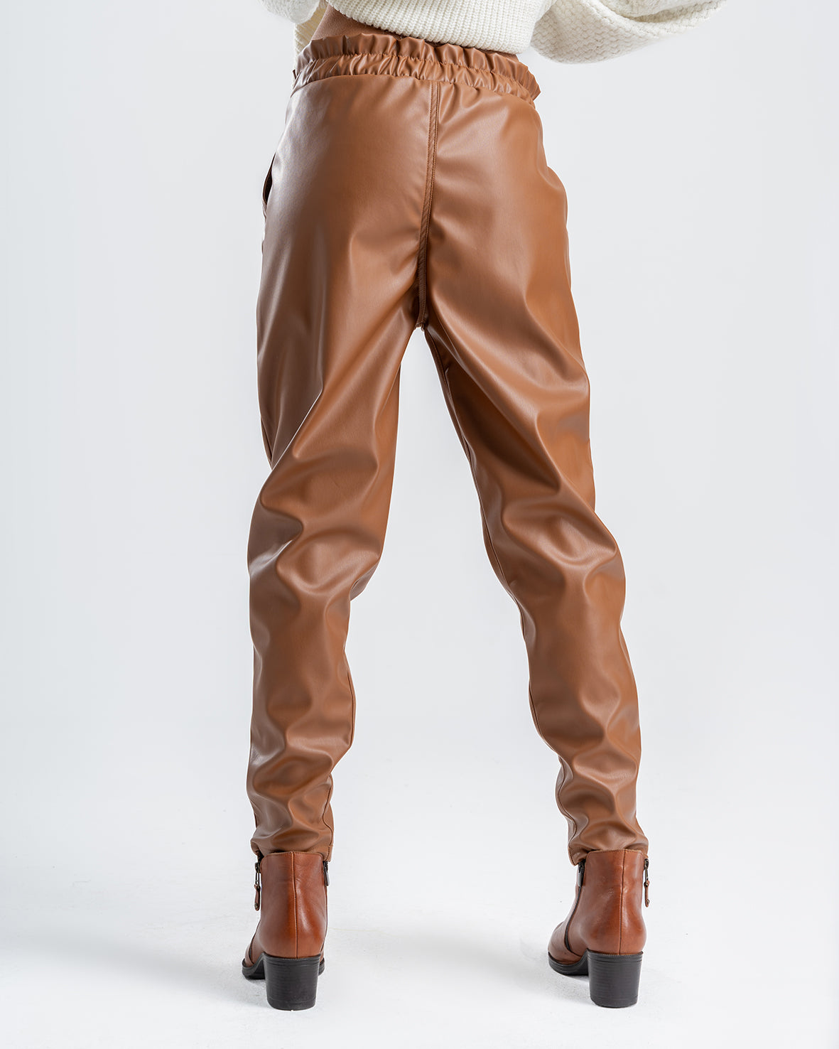 Women's Brown Faux Leather Pants With Belt