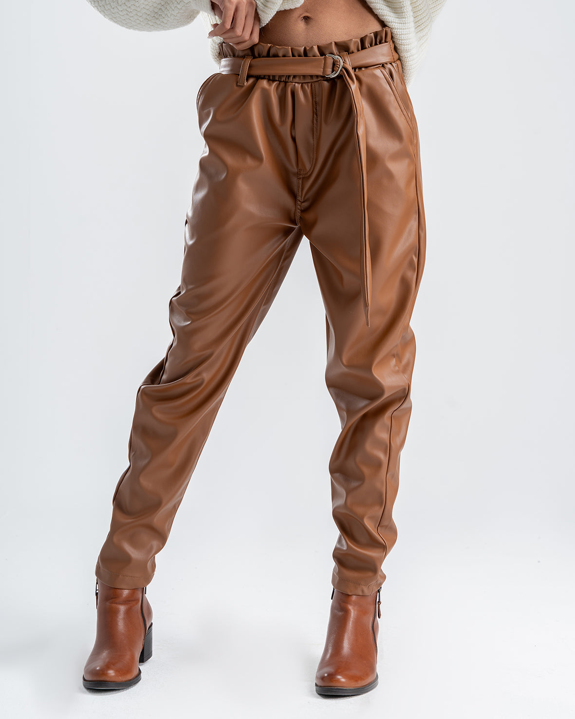 Women's Brown Faux Leather Pants With Belt