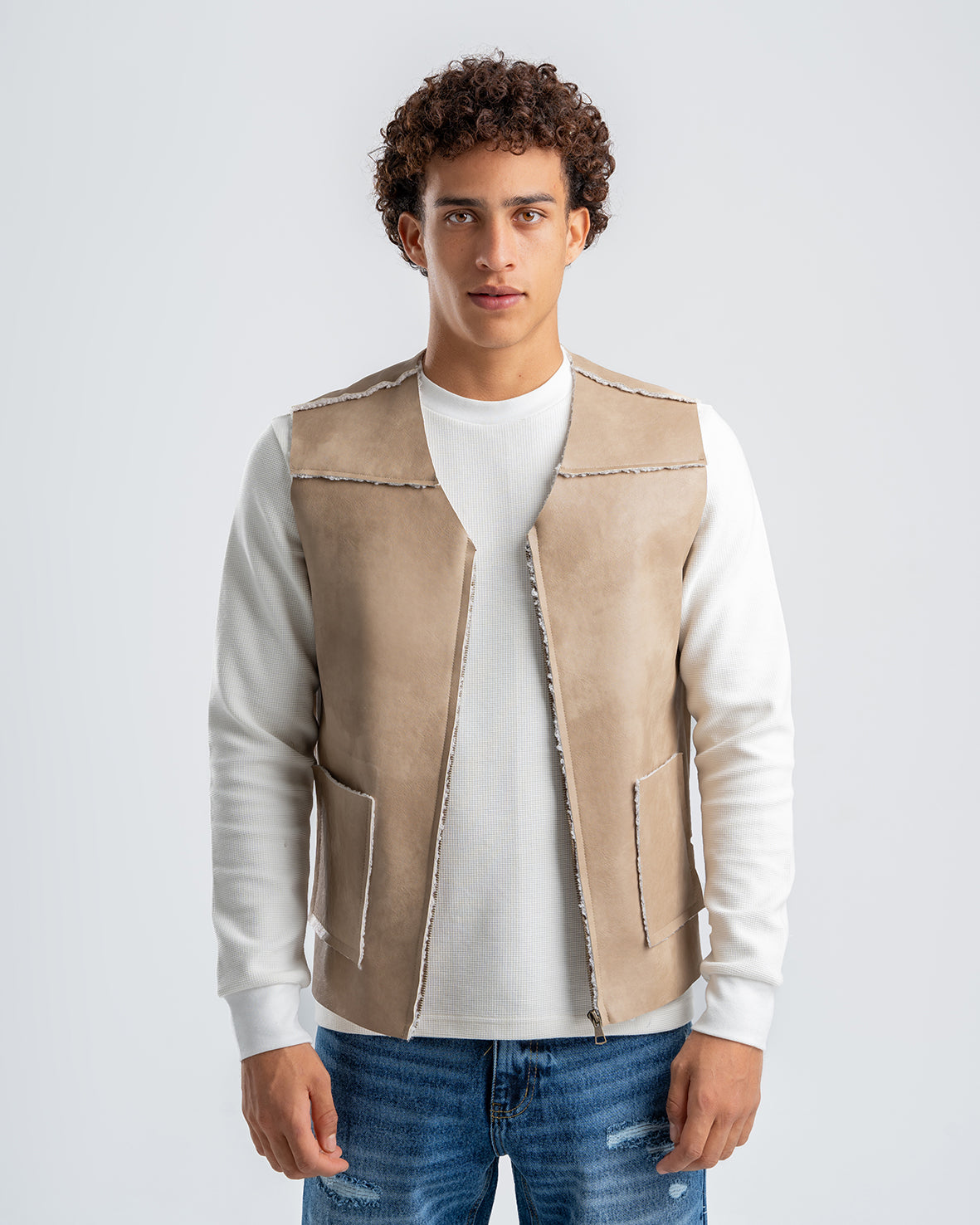 Men's Beige Leather Vest With White Details