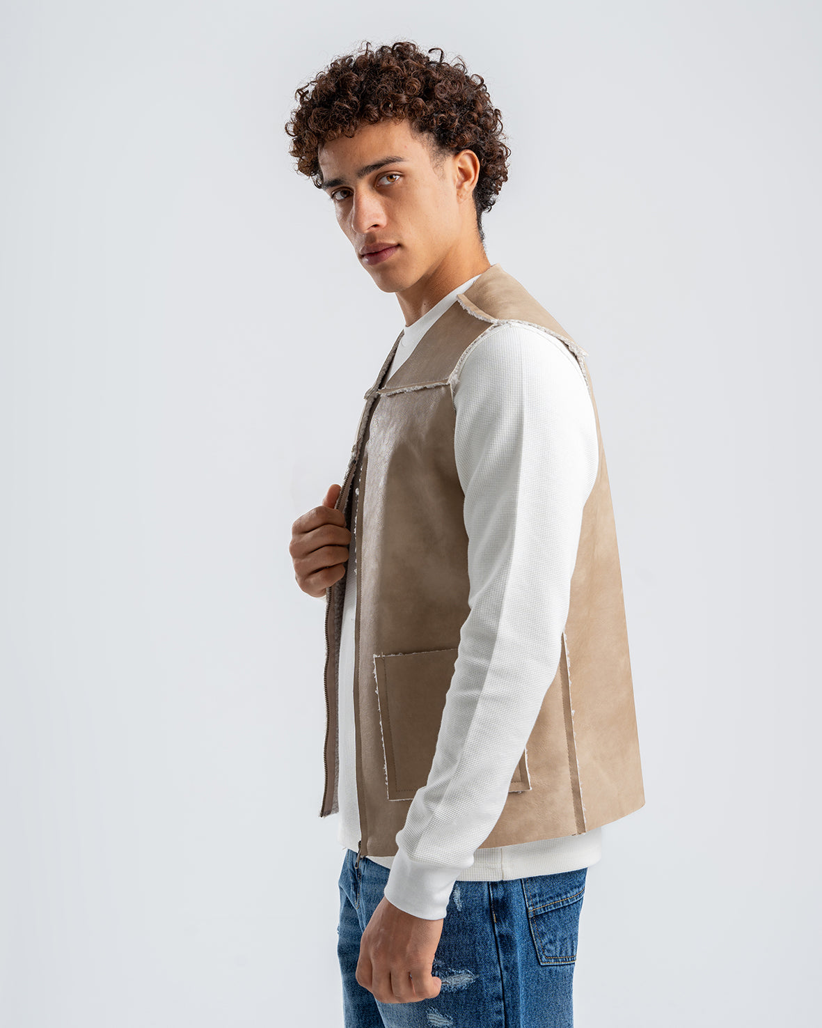 Men's Beige Leather Vest With White Details