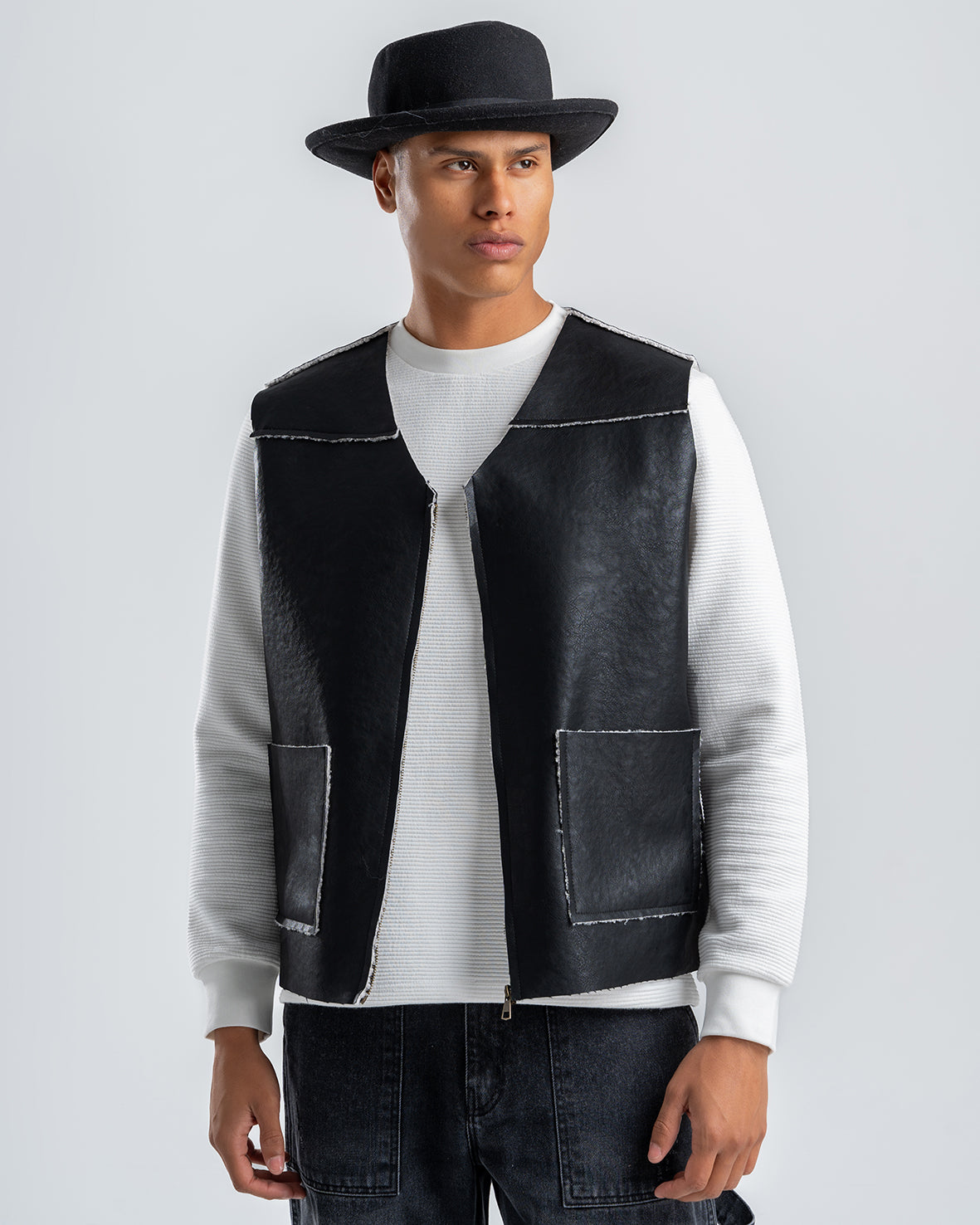 Men's Black Leather Vest With White Details