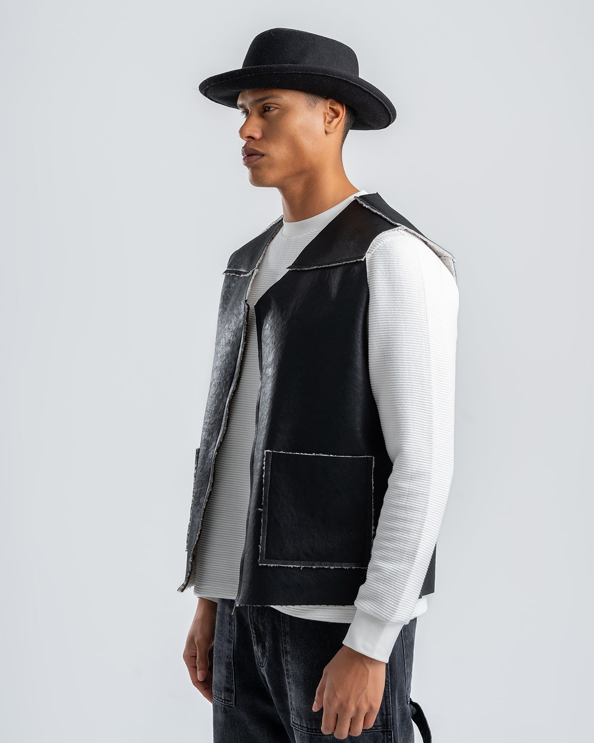 Men's Black Leather Vest With White Details