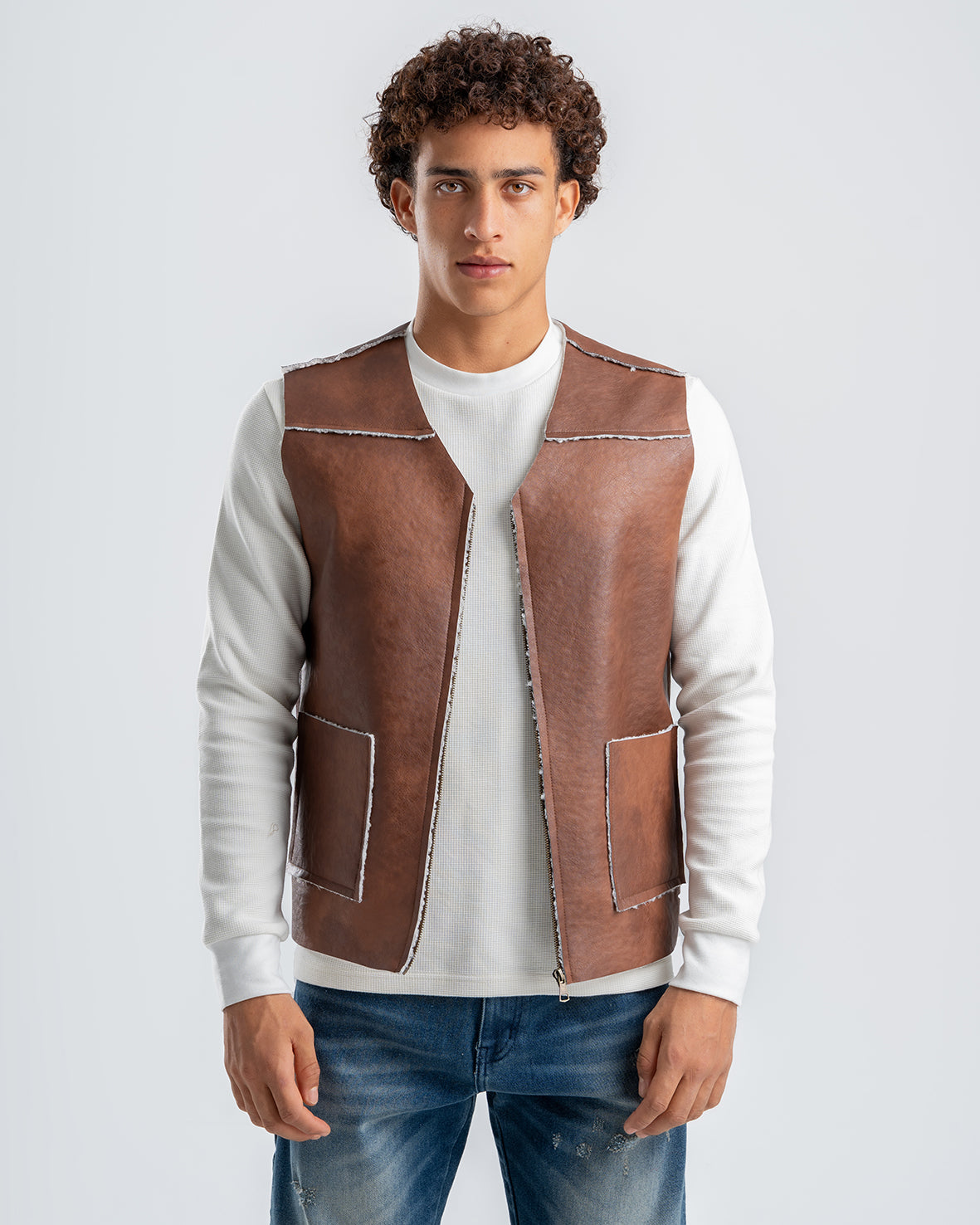 Men's Brown Leather Vest With White Details