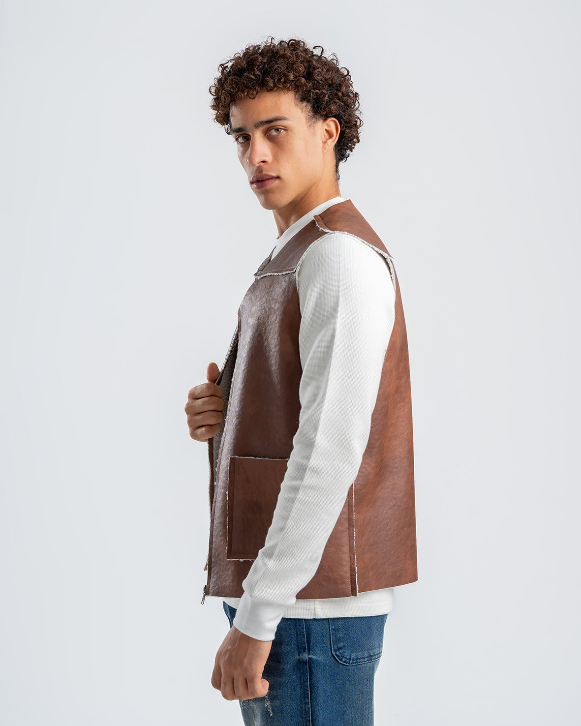 Men's Brown Leather Vest With White Details