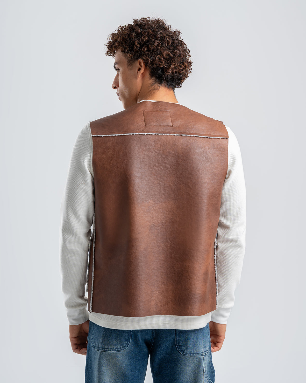 Men's Brown Leather Vest With White Details