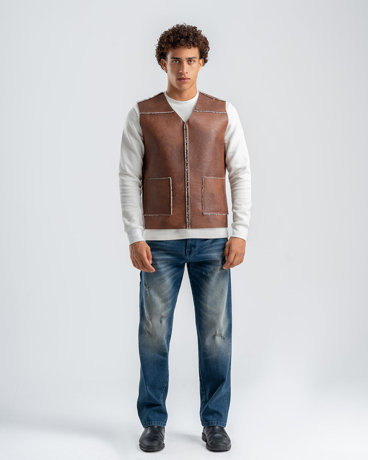 Men's Brown Leather Vest With White Details