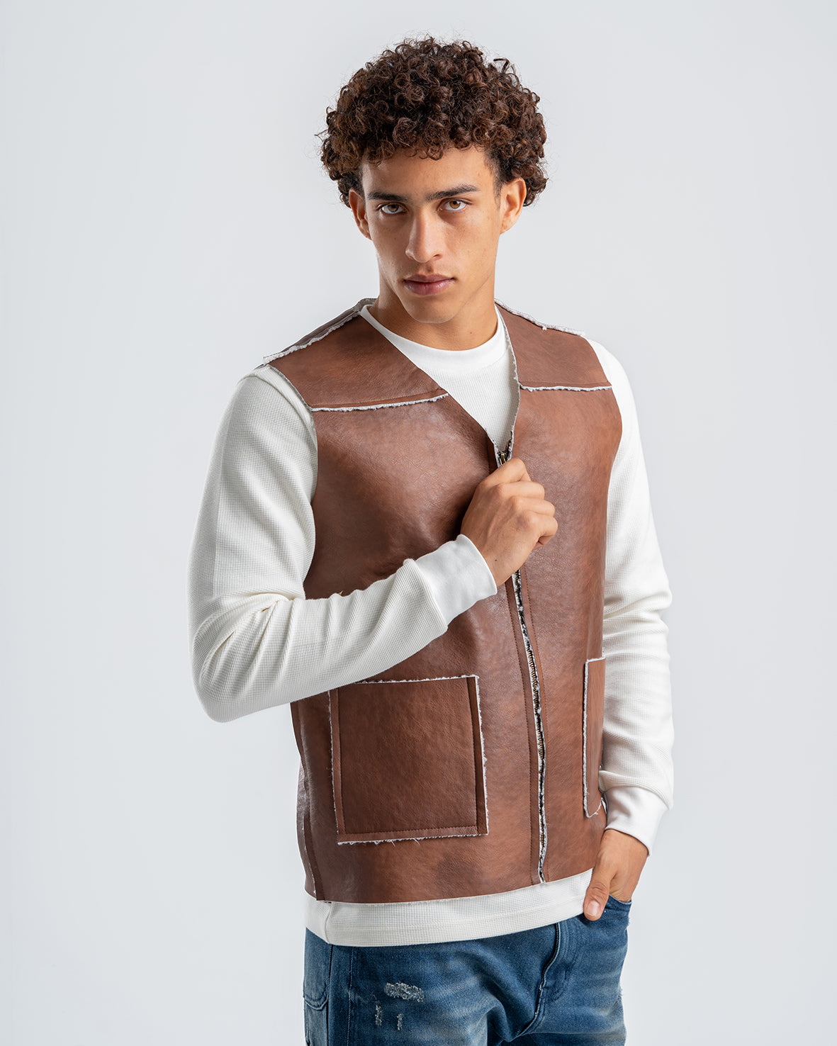 Men's Brown Leather Vest With White Details