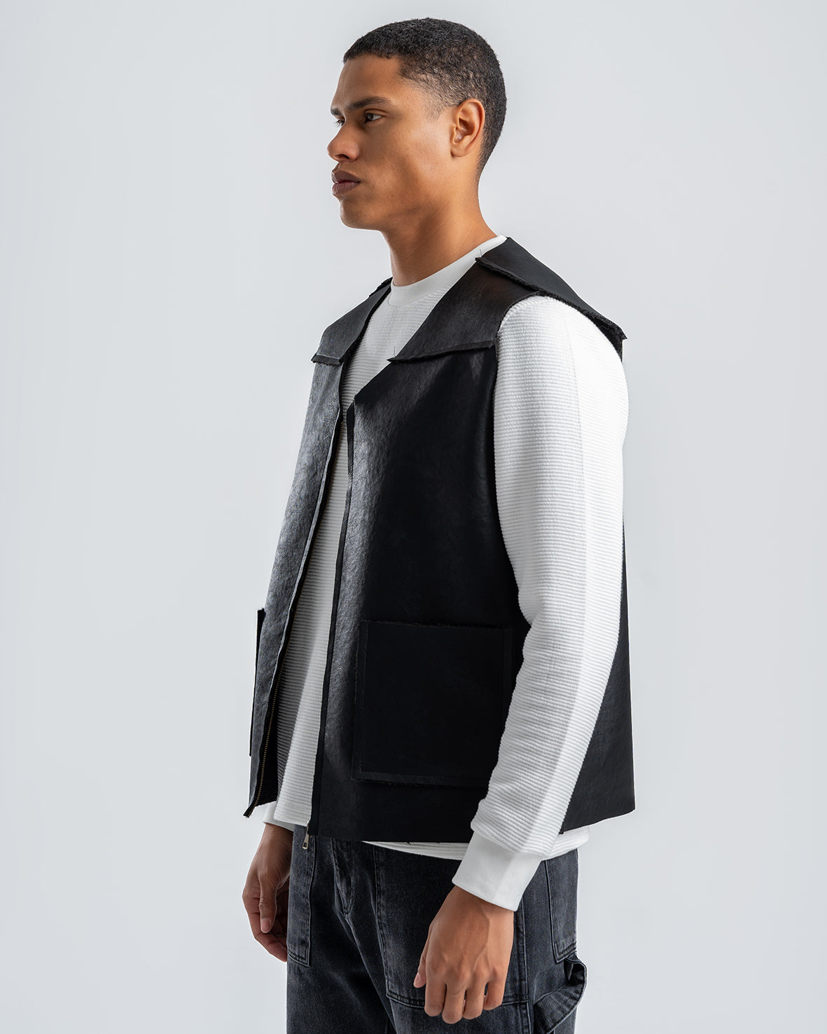 Men's Black Leather Vest With Black Details