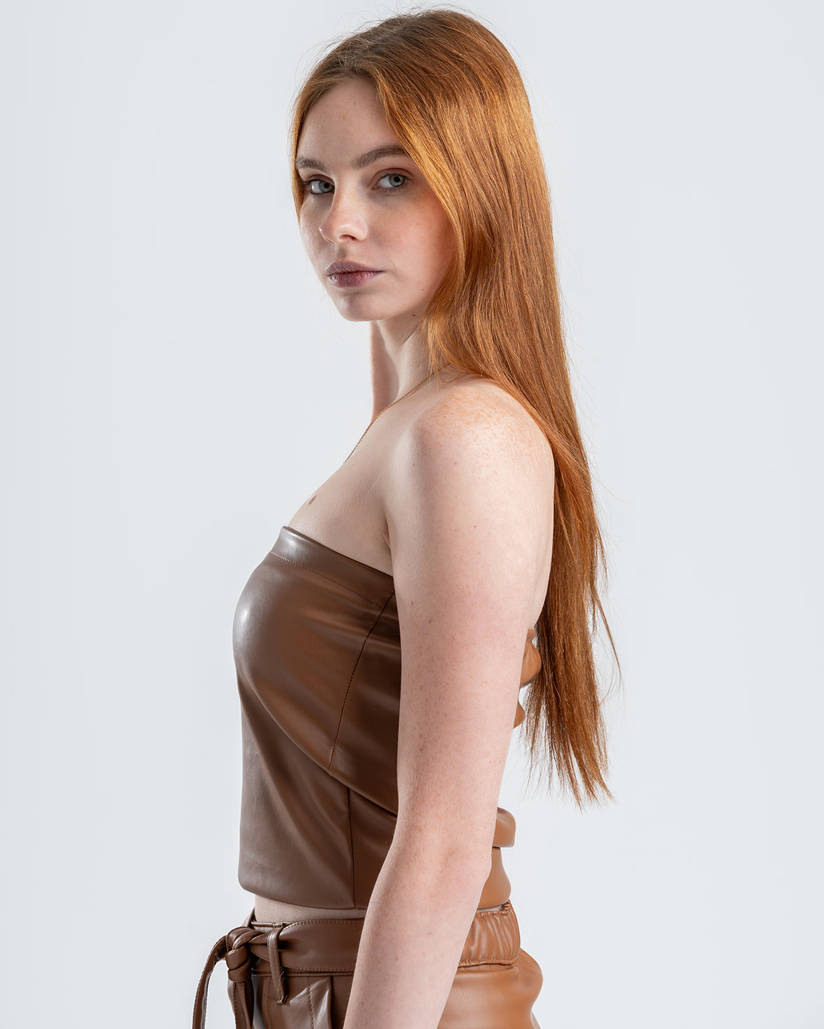 Women's Brown Faux Leather Tube Top Strapless