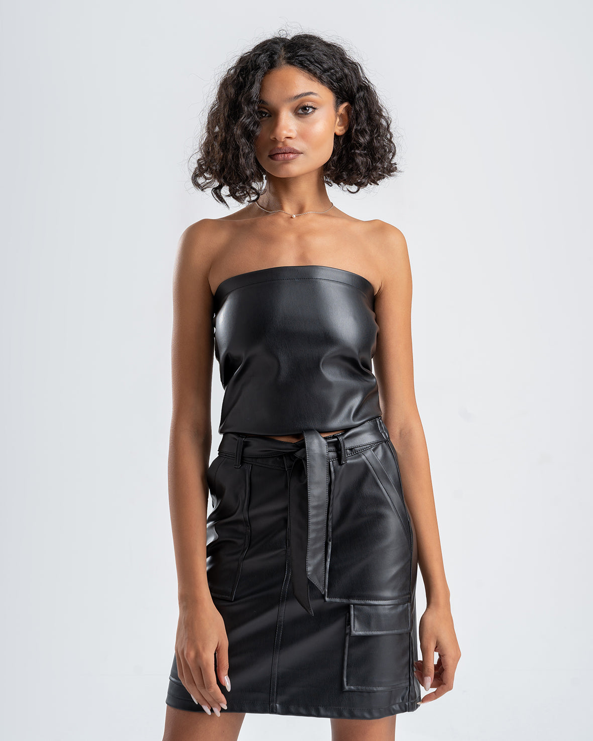 Women's Skirt  Black Mini Faux Leather Short Belted